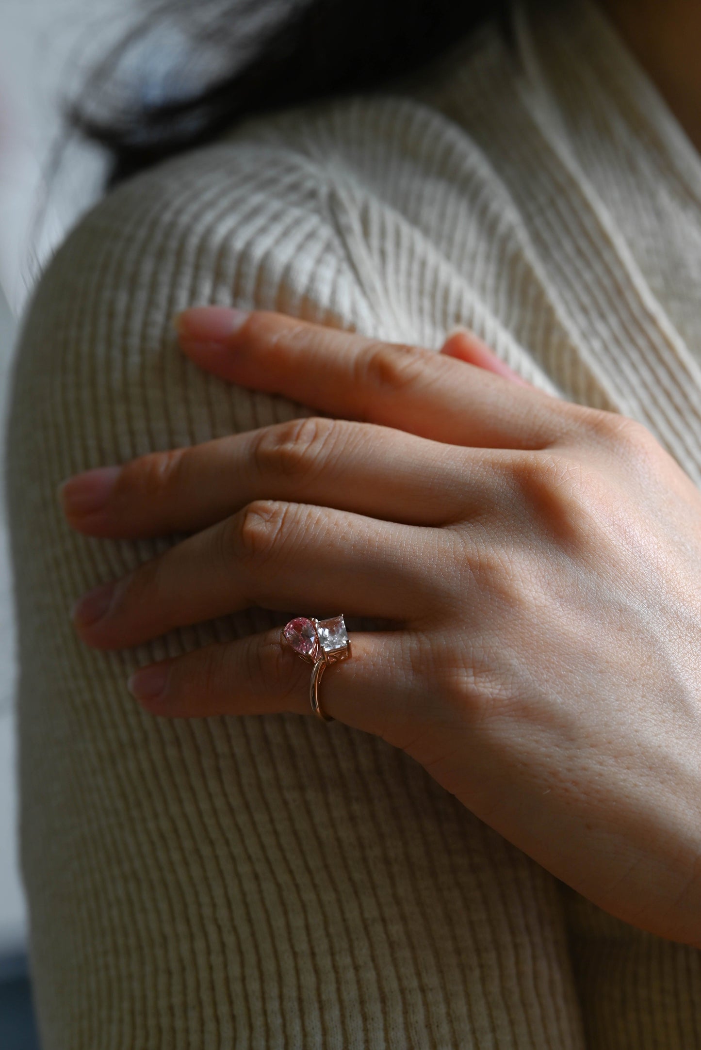 SquareJewelry pear cut sapphire engagement ring Toi et Moi Ring, Solid Gold Emerald Cut White Topaz & Pear Cut Pink Lab Grown Sapphire Engagement Ring