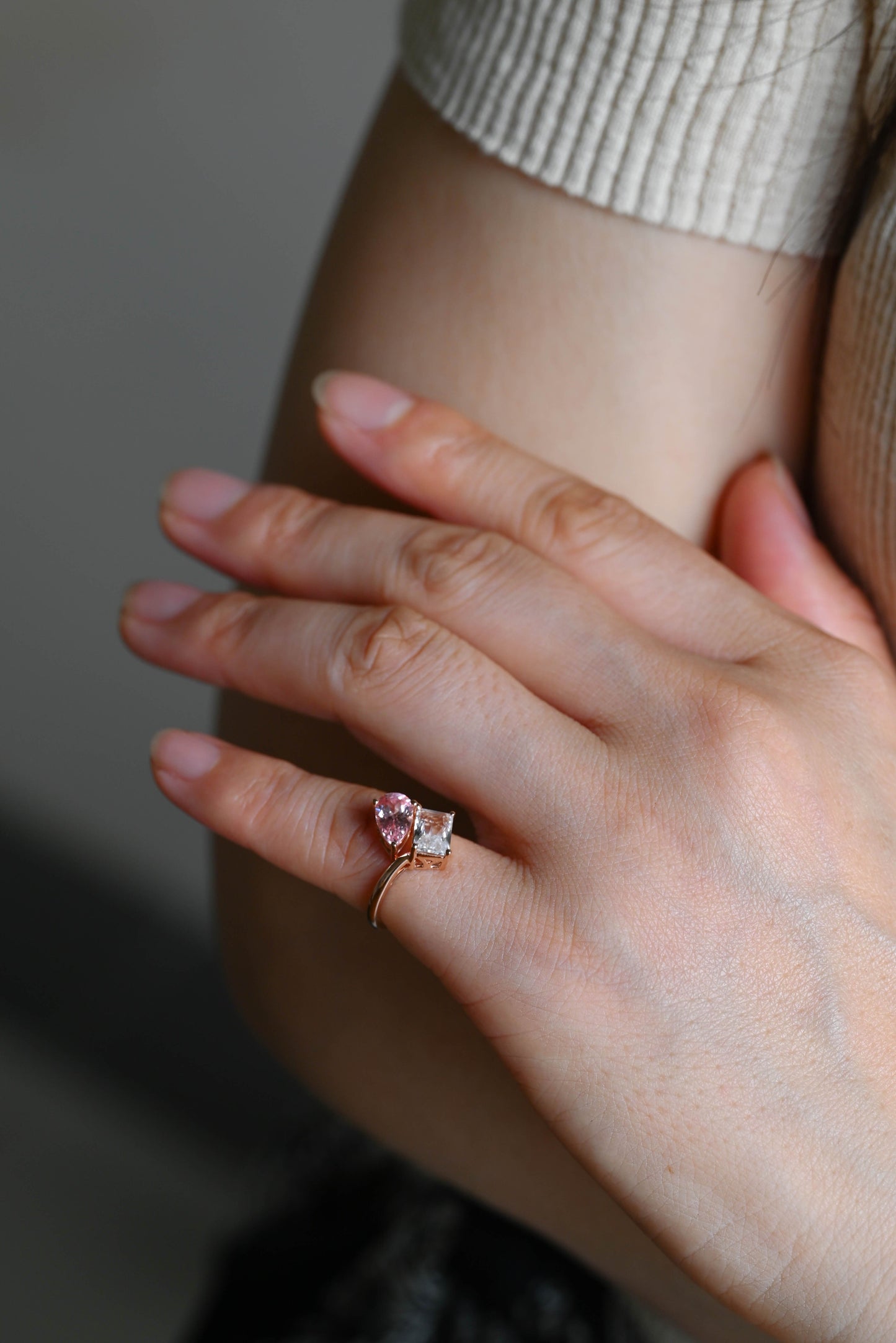 SquareJewelry pear cut sapphire engagement ring Toi et Moi Ring, Solid Gold Emerald Cut White Topaz & Pear Cut Pink Lab Grown Sapphire Engagement Ring