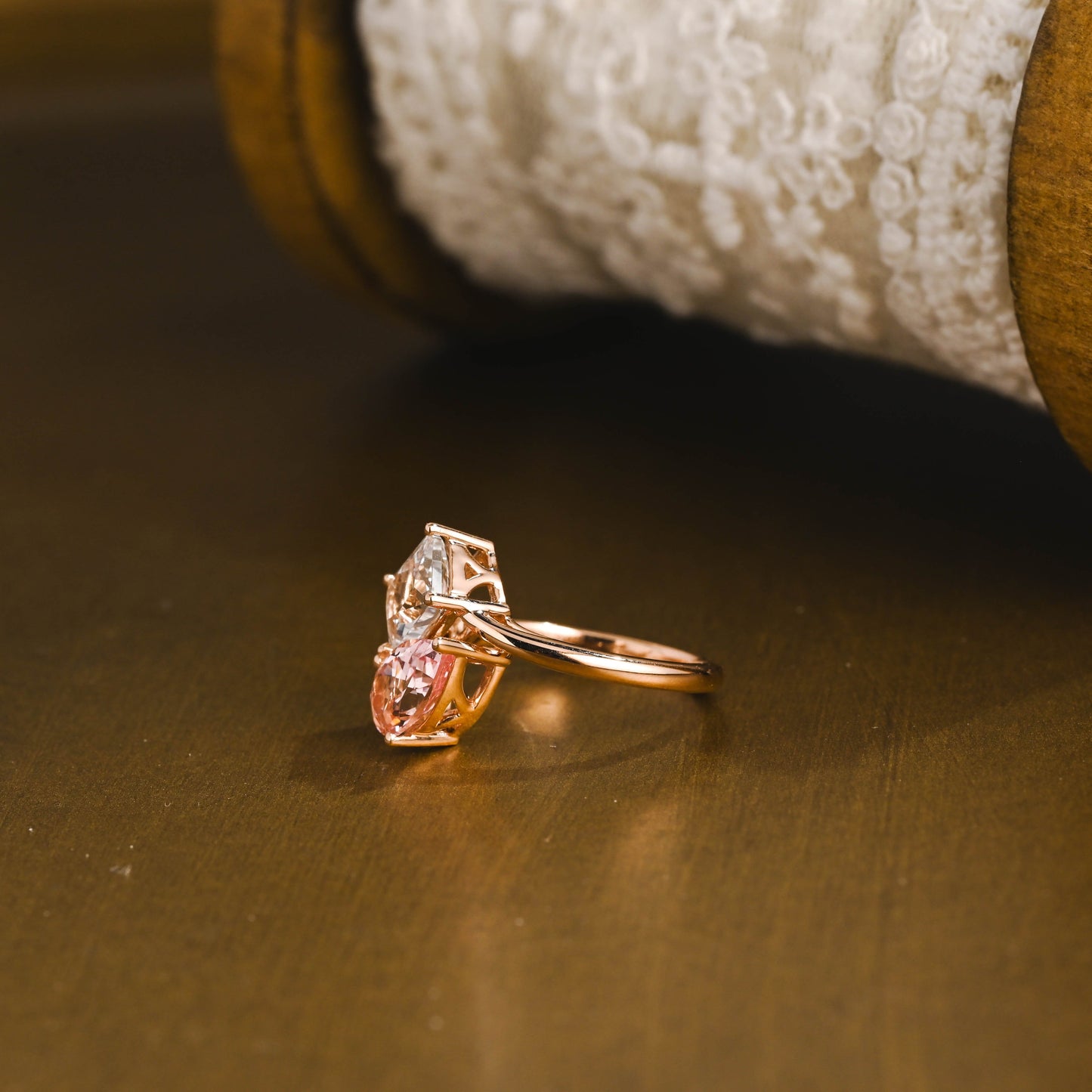 SquareJewelry pear cut sapphire engagement ring Toi et Moi Ring, Solid Gold Emerald Cut White Topaz & Pear Cut Pink Lab Grown Sapphire Engagement Ring