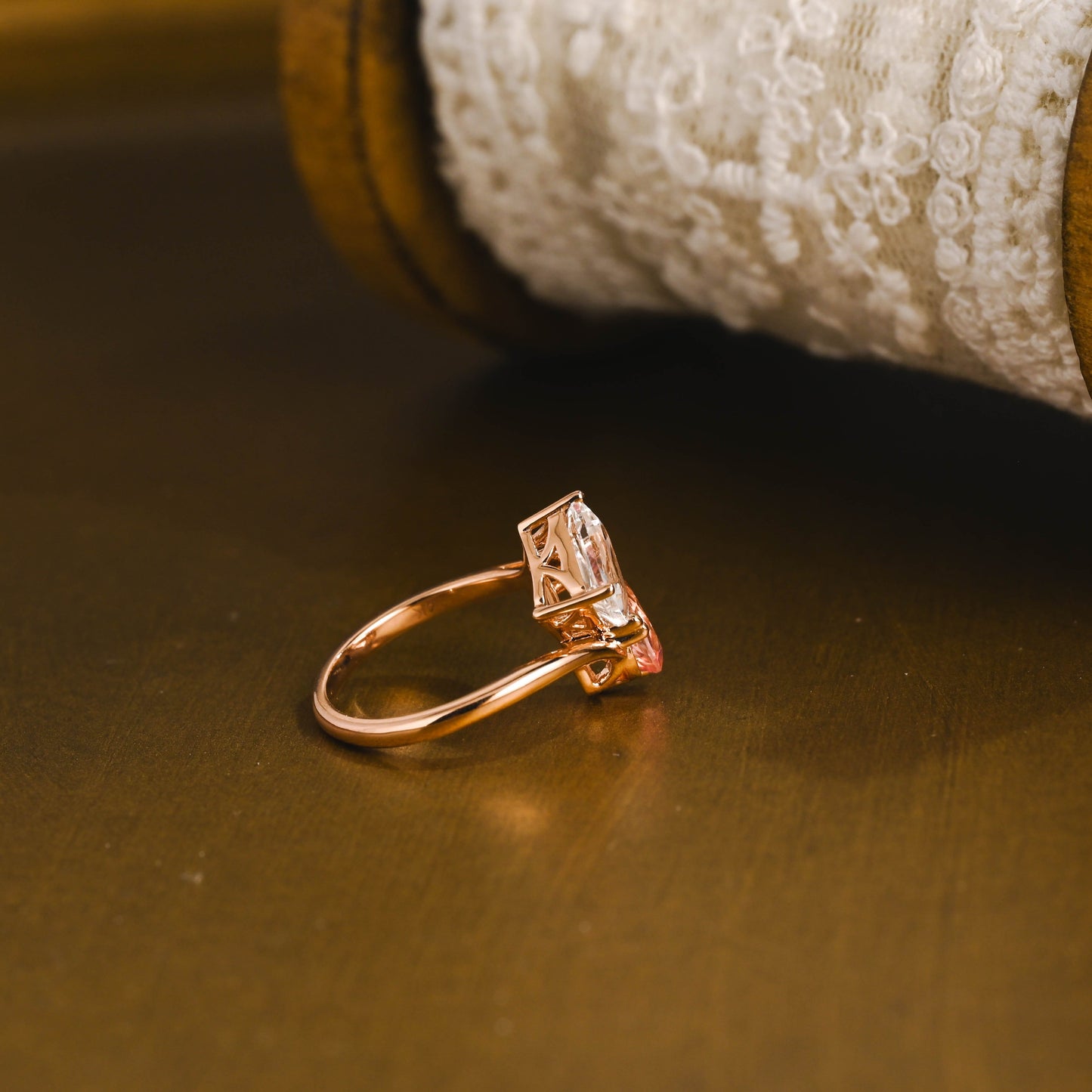 SquareJewelry pear cut sapphire engagement ring Toi et Moi Ring, Solid Gold Emerald Cut White Topaz & Pear Cut Pink Lab Grown Sapphire Engagement Ring