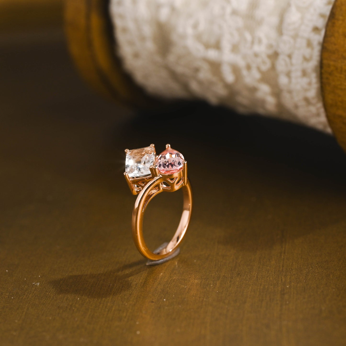 SquareJewelry pear cut sapphire engagement ring Toi et Moi Ring, Solid Gold Emerald Cut White Topaz & Pear Cut Pink Lab Grown Sapphire Engagement Ring