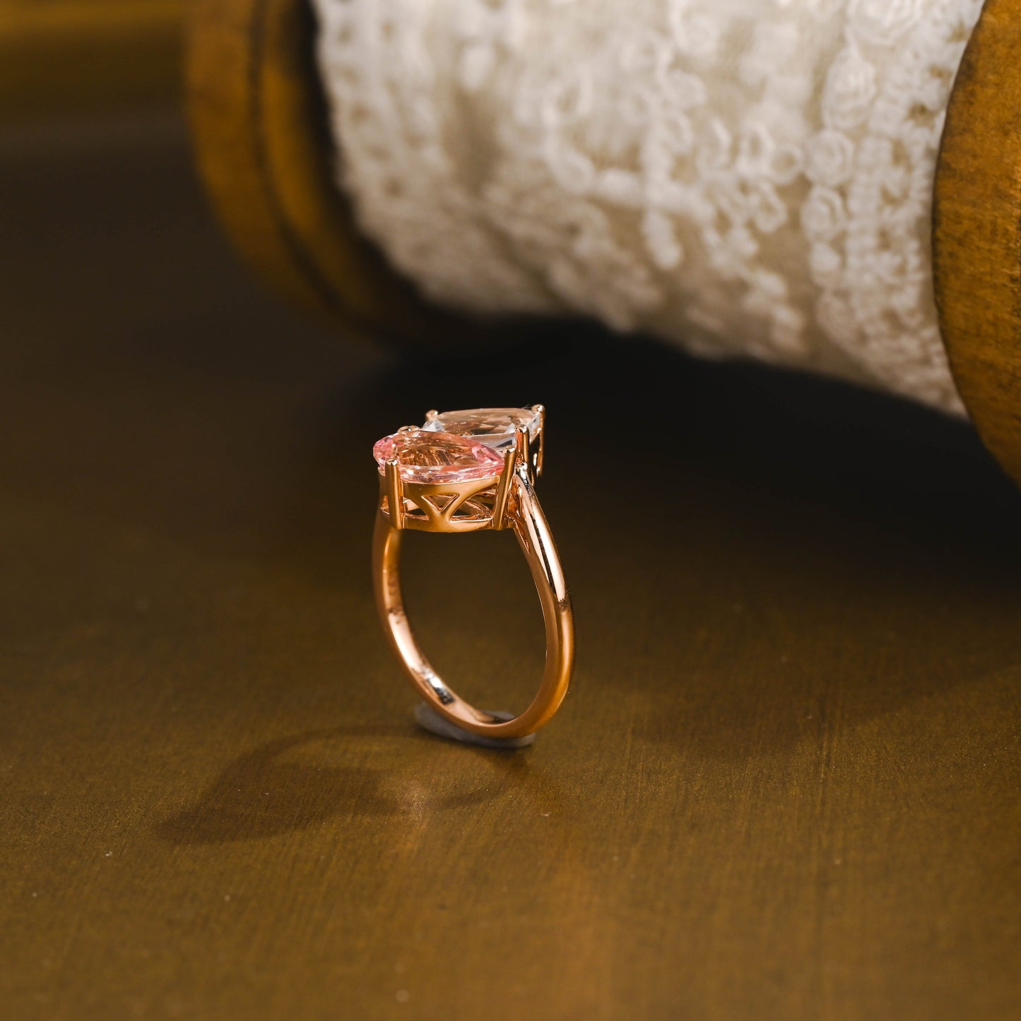 SquareJewelry pear cut sapphire engagement ring Toi et Moi Ring, Solid Gold Emerald Cut White Topaz & Pear Cut Pink Lab Grown Sapphire Engagement Ring