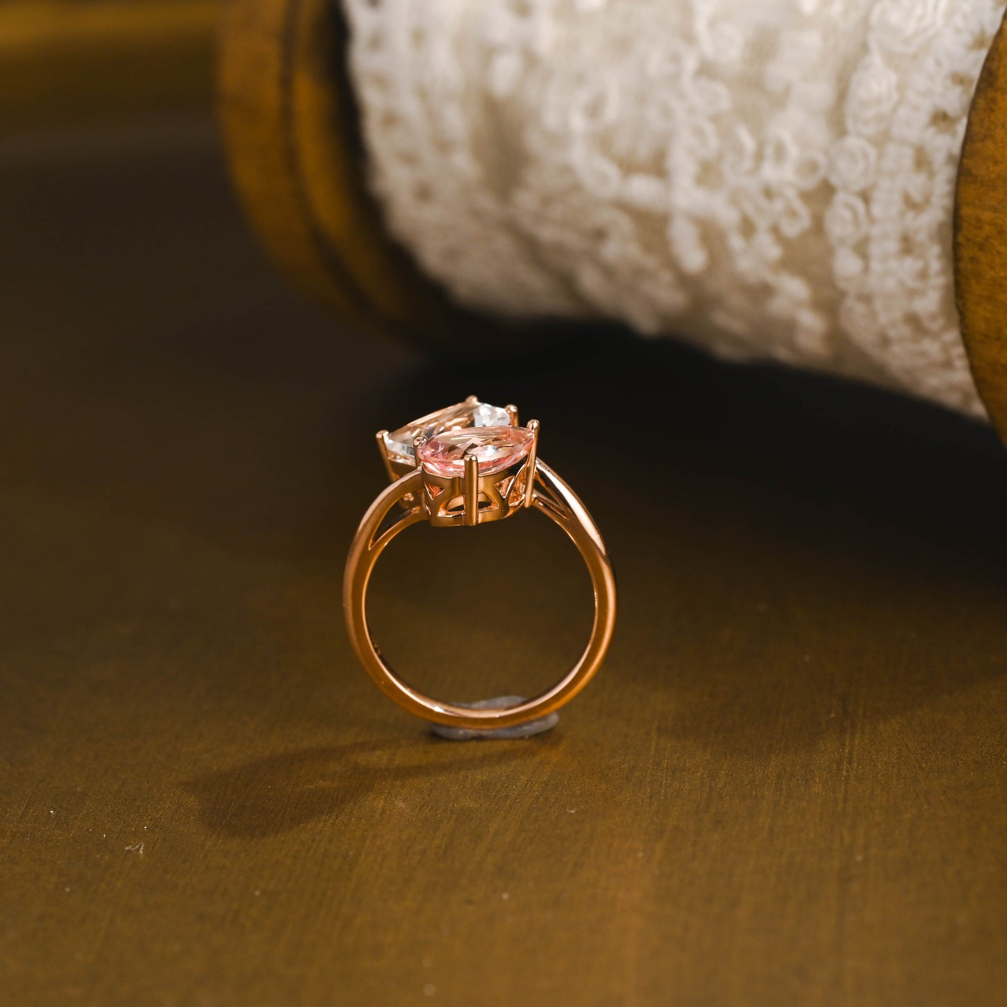 SquareJewelry pear cut sapphire engagement ring Toi et Moi Ring, Solid Gold Emerald Cut White Topaz & Pear Cut Pink Lab Grown Sapphire Engagement Ring