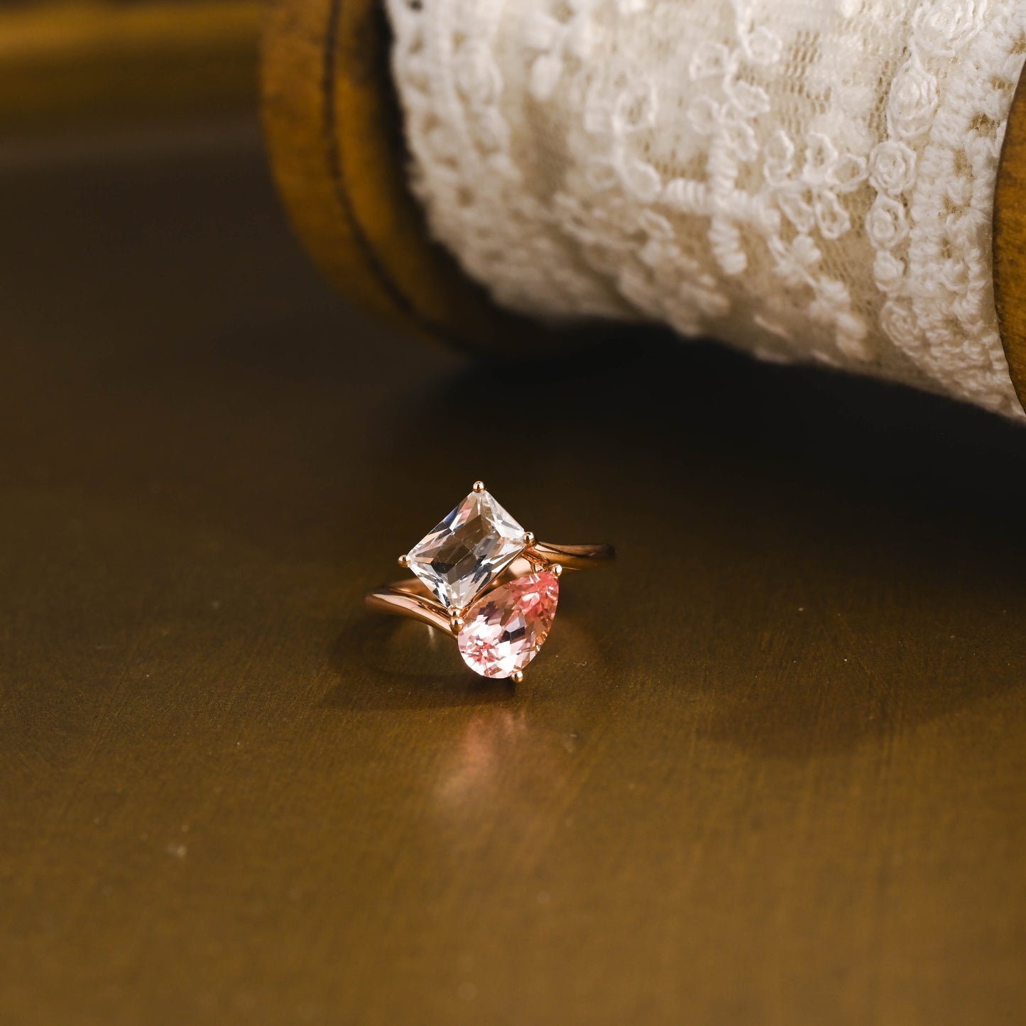 SquareJewelry pear cut sapphire engagement ring Toi et Moi Ring, Solid Gold Emerald Cut White Topaz & Pear Cut Pink Lab Grown Sapphire Engagement Ring