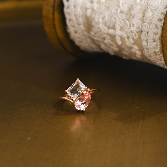 SquareJewelry pear cut sapphire engagement ring Toi et Moi Ring, Solid Gold Emerald Cut White Topaz & Pear Cut Pink Lab Grown Sapphire Engagement Ring