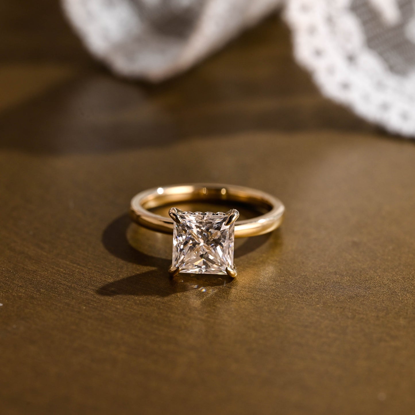 SquareJewelry princess cut moissanite engagement ring Solid Gold Hidden Halo Princess Cut Moissanite Engagement Ring
