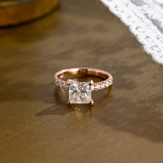 SquareJewelry princess cut moissanite engagement ring Solid Gold Thick Band Pave Princess Cut Moissanite Engagement Ring