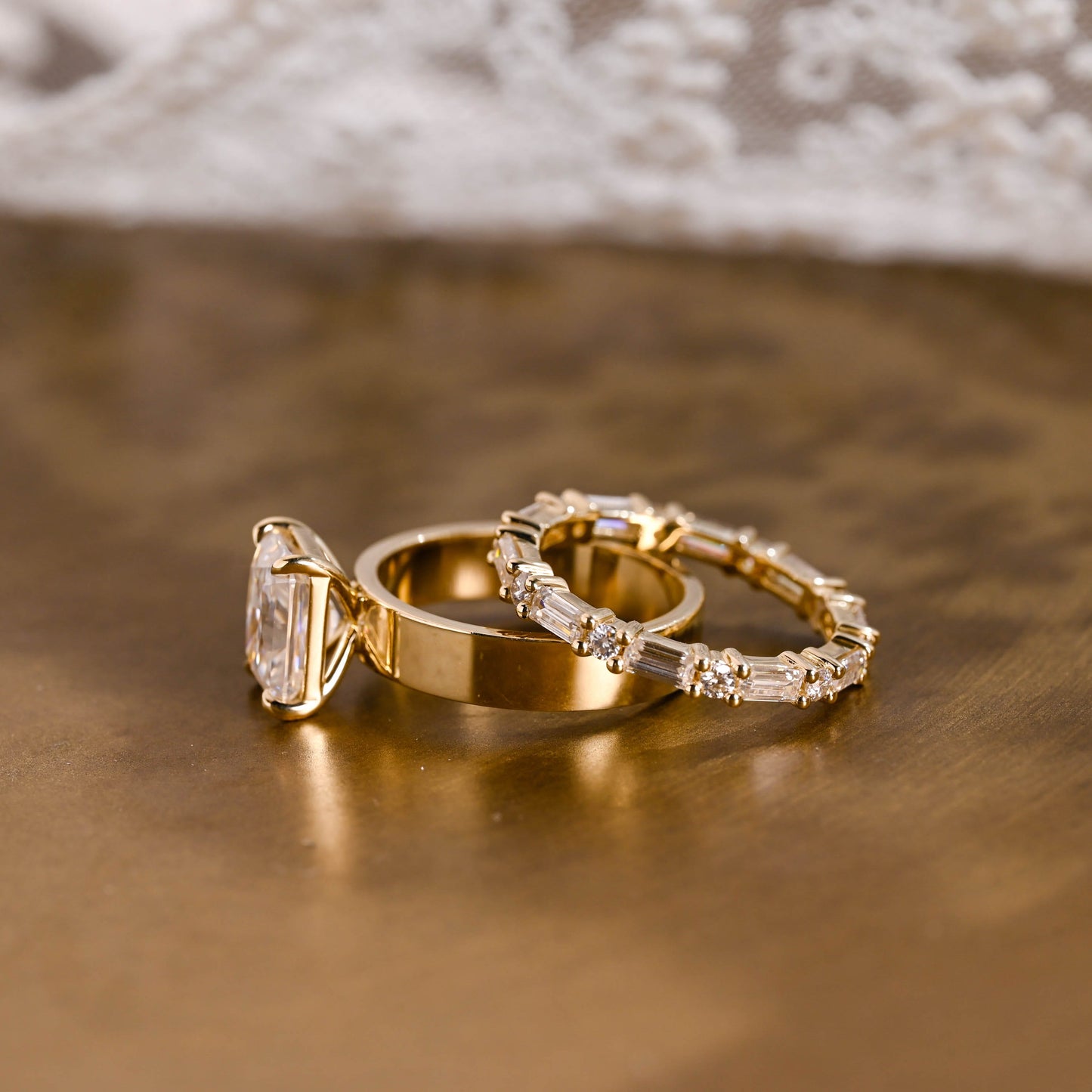 SquareJewelry Radiant Cut Bridal Set Solid Gold 4mm Wide Band Radiant Cut Moissanite Wedding Ring Set