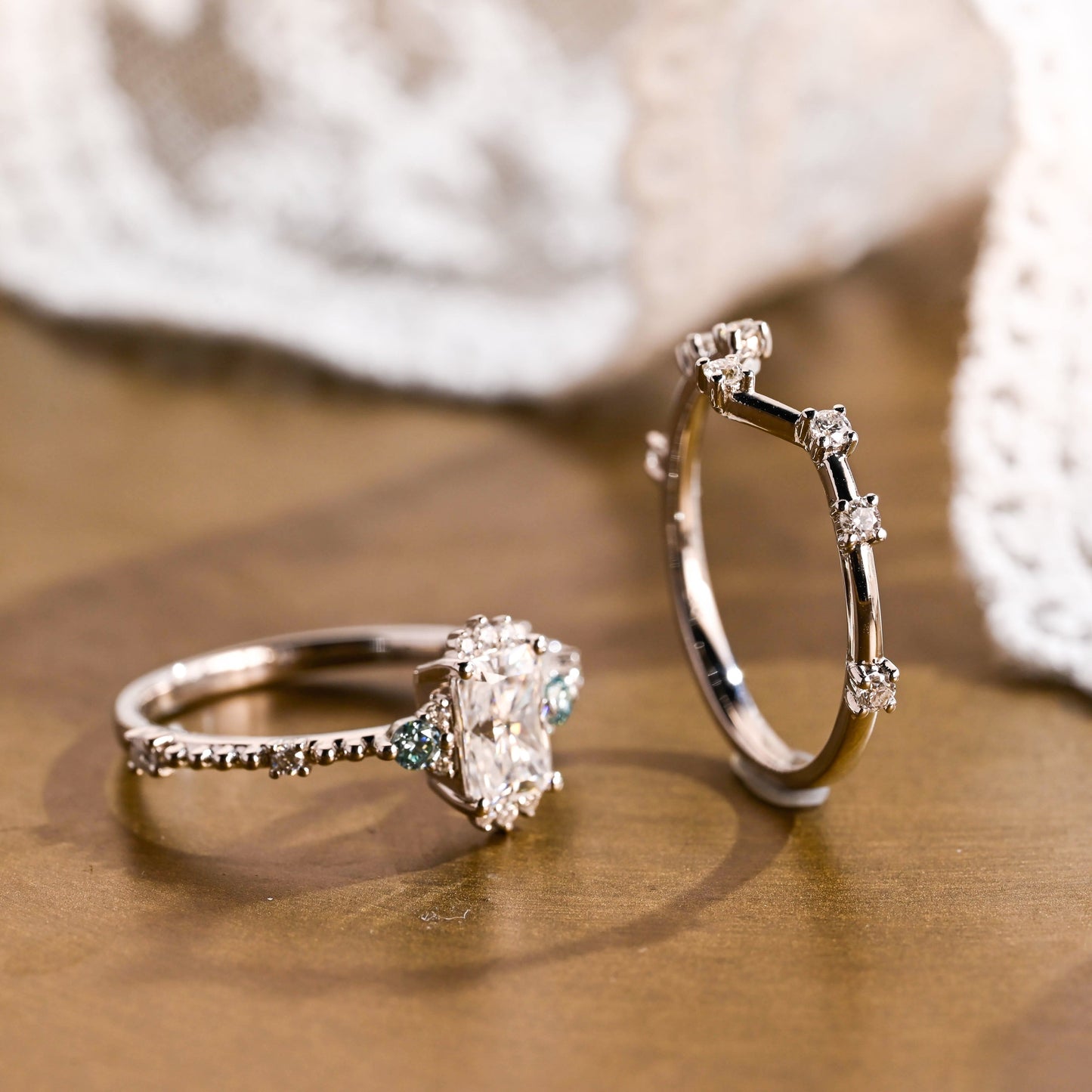 SquareJewelry Radiant Cut Bridal Set Solid Gold Radiant Cut Moissanite Engagement Ring And Curved Band Wedding Ring Set