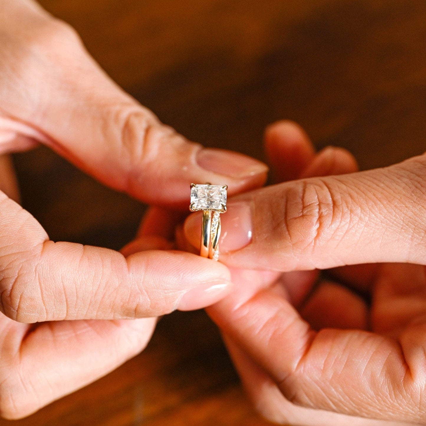 SquareJewelry Radiant Cut Bridal Set Solid Gold Radiant Cut Moissanite Wedding Ring Set