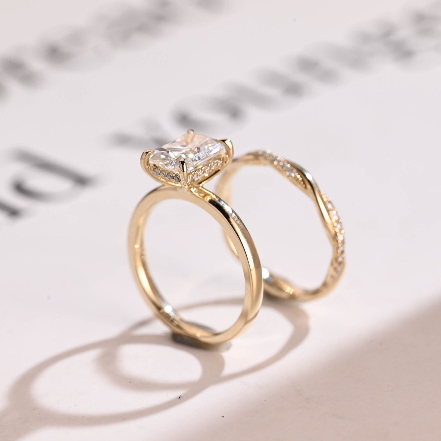 SquareJewelry Radiant Cut Bridal Set Solid Gold Radiant Cut Moissanite Wedding Ring Set