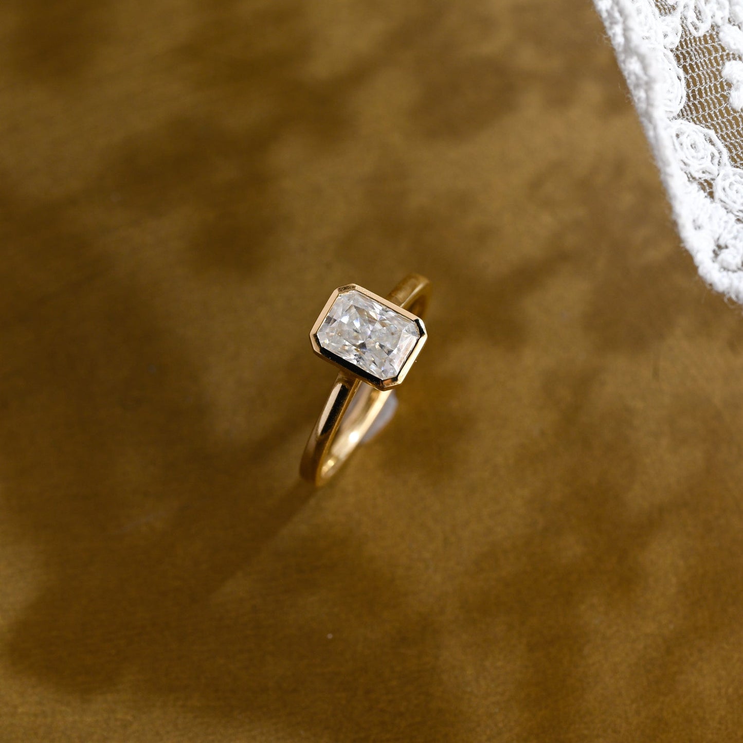 SquareJewelry radiant cut moissanite engagement ring Solid Gold Bezel Solitaire Radiant Cut Moissanite Engagement Ring