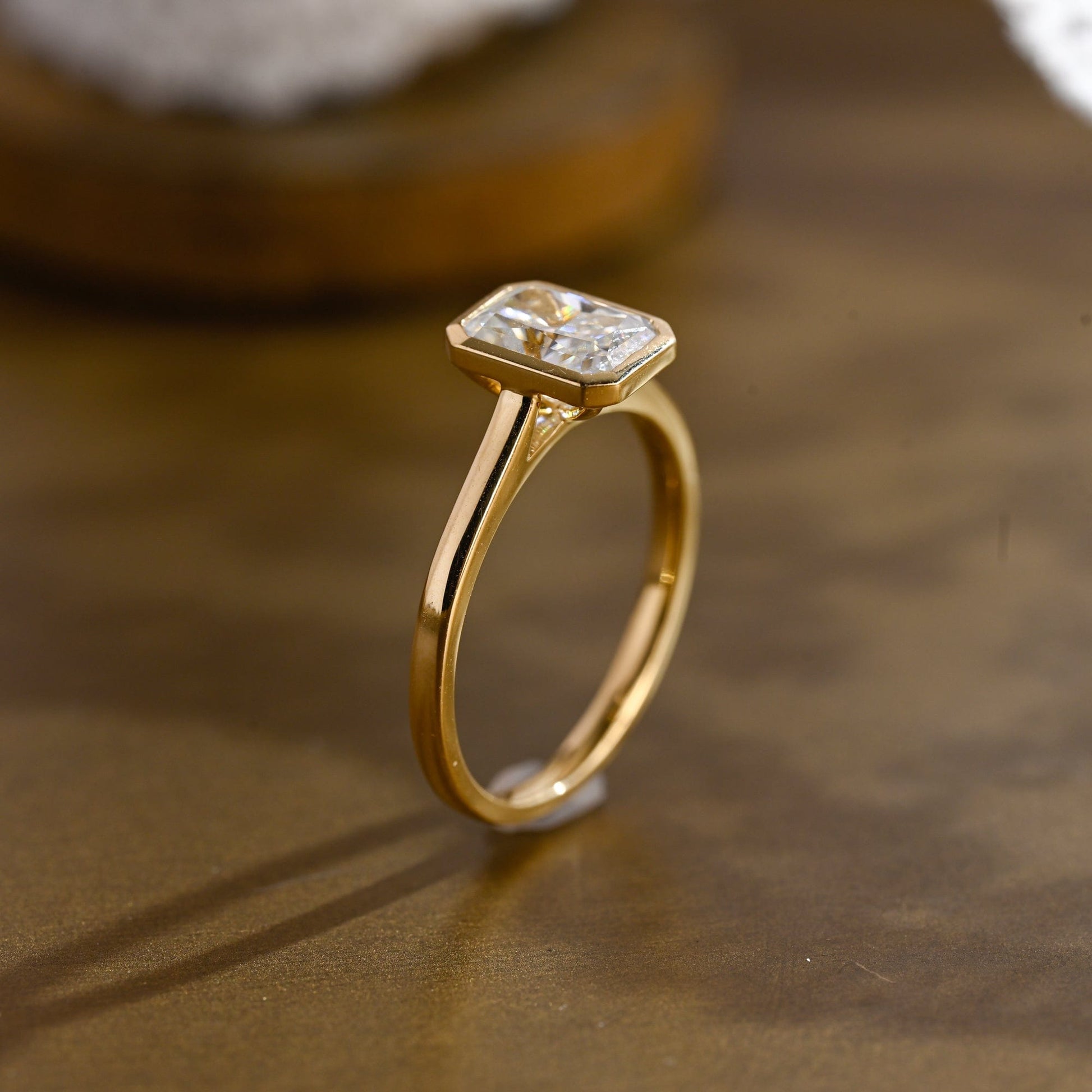 SquareJewelry radiant cut moissanite engagement ring Solid Gold Bezel Solitaire Radiant Cut Moissanite Engagement Ring