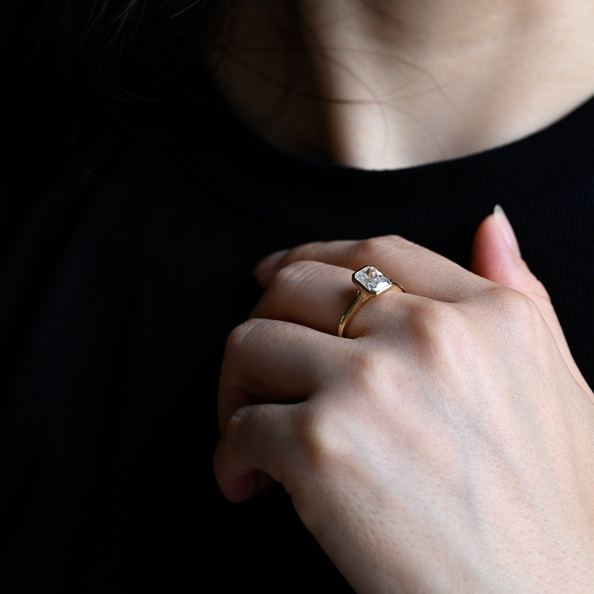 SquareJewelry radiant cut moissanite engagement ring Solid Gold Bezel Solitaire Radiant Cut Moissanite Engagement Ring