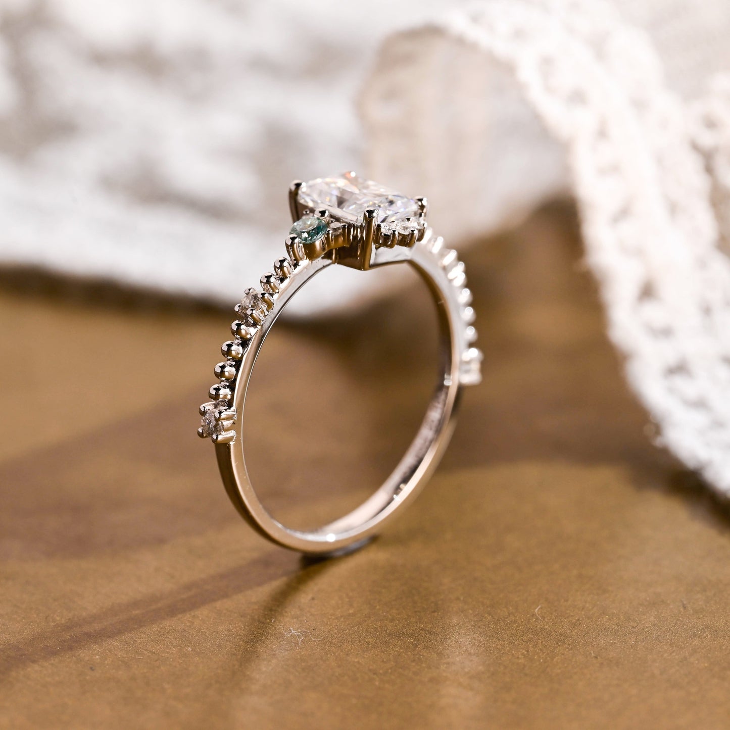 SquareJewelry radiant cut moissanite engagement ring Solid Gold Dainty Beeded Radiant Cut Moissanite Engagement Ring With Blue Side Gems