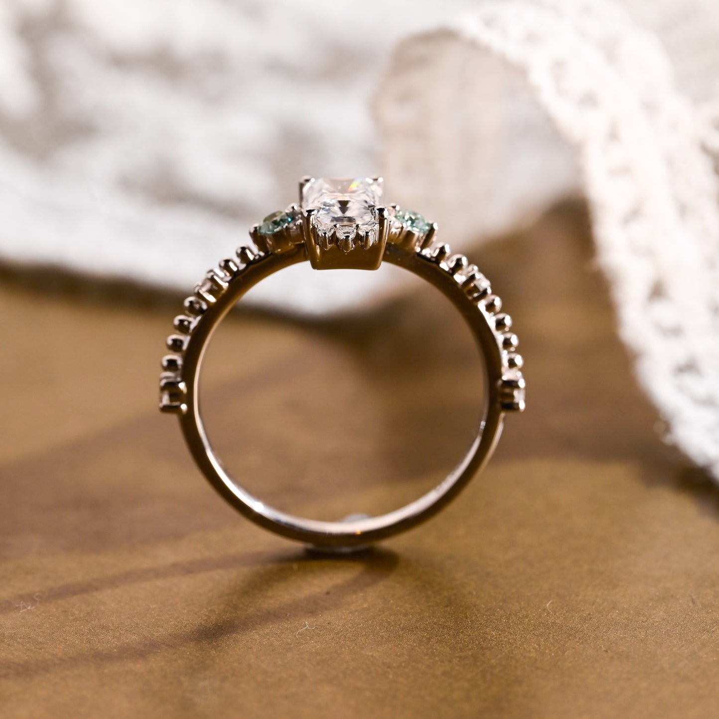 SquareJewelry radiant cut moissanite engagement ring Solid Gold Dainty Beeded Radiant Cut Moissanite Engagement Ring With Blue Side Gems