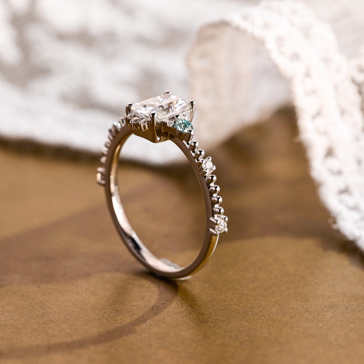 SquareJewelry radiant cut moissanite engagement ring Solid Gold Dainty Beeded Radiant Cut Moissanite Engagement Ring With Blue Side Gems