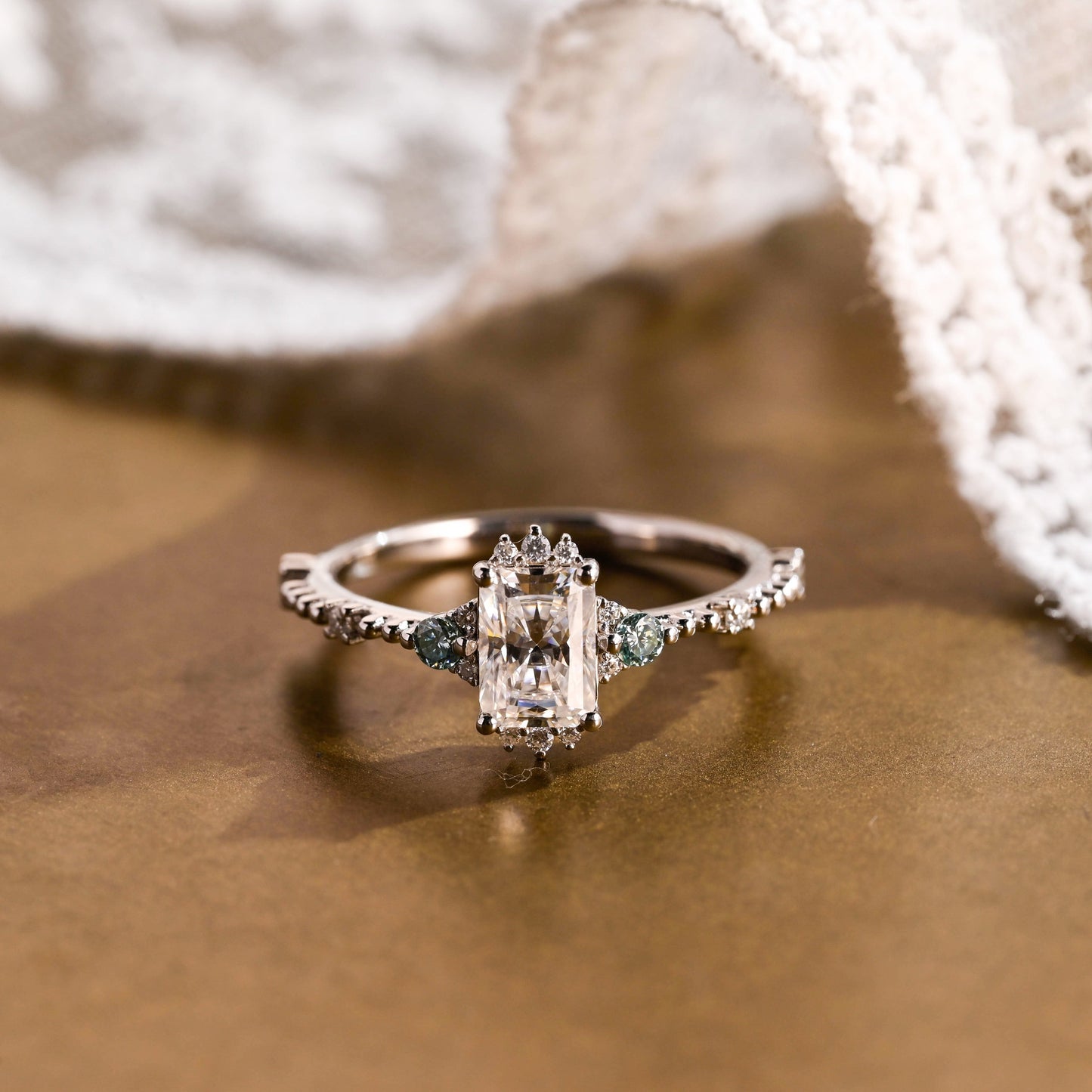SquareJewelry radiant cut moissanite engagement ring Solid Gold Dainty Beeded Radiant Cut Moissanite Engagement Ring With Blue Side Gems