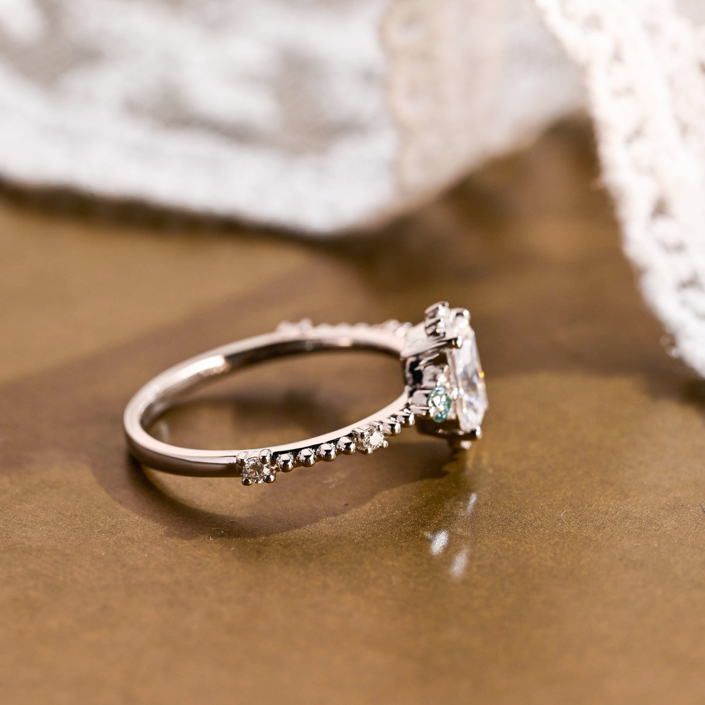 SquareJewelry radiant cut moissanite engagement ring Solid Gold Dainty Beeded Radiant Cut Moissanite Engagement Ring With Blue Side Gems