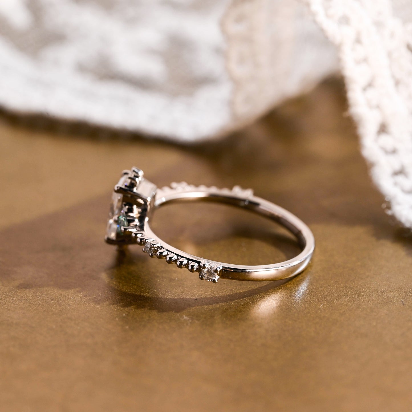 SquareJewelry radiant cut moissanite engagement ring Solid Gold Dainty Beeded Radiant Cut Moissanite Engagement Ring With Blue Side Gems