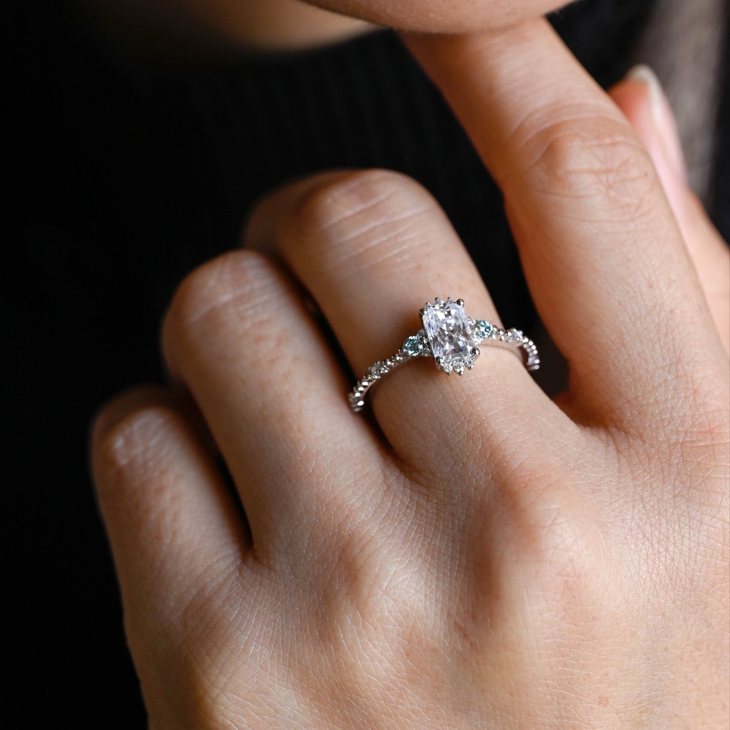 SquareJewelry radiant cut moissanite engagement ring Solid Gold Dainty Beeded Radiant Cut Moissanite Engagement Ring With Blue Side Gems