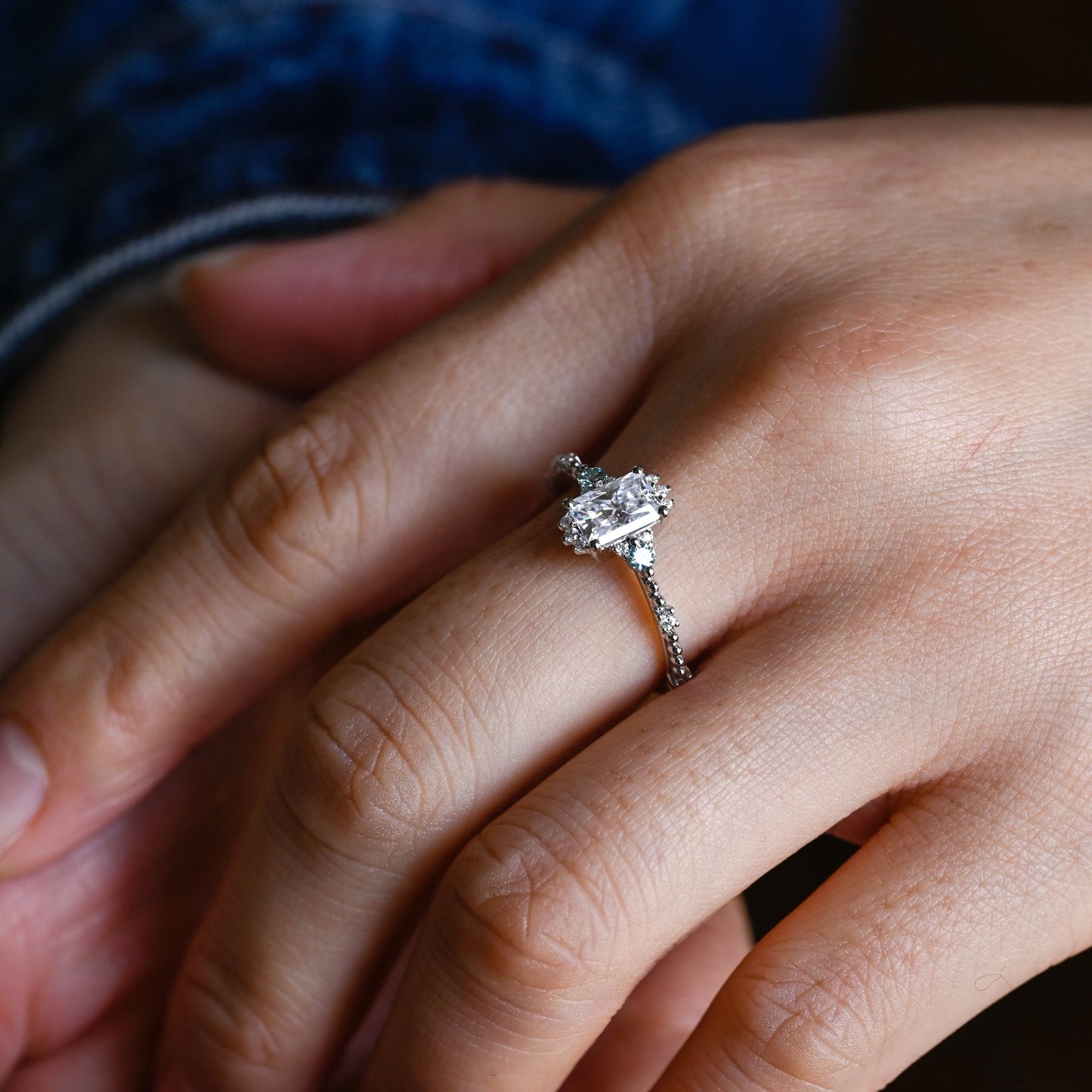 SquareJewelry radiant cut moissanite engagement ring Solid Gold Dainty Beeded Radiant Cut Moissanite Engagement Ring With Blue Side Gems