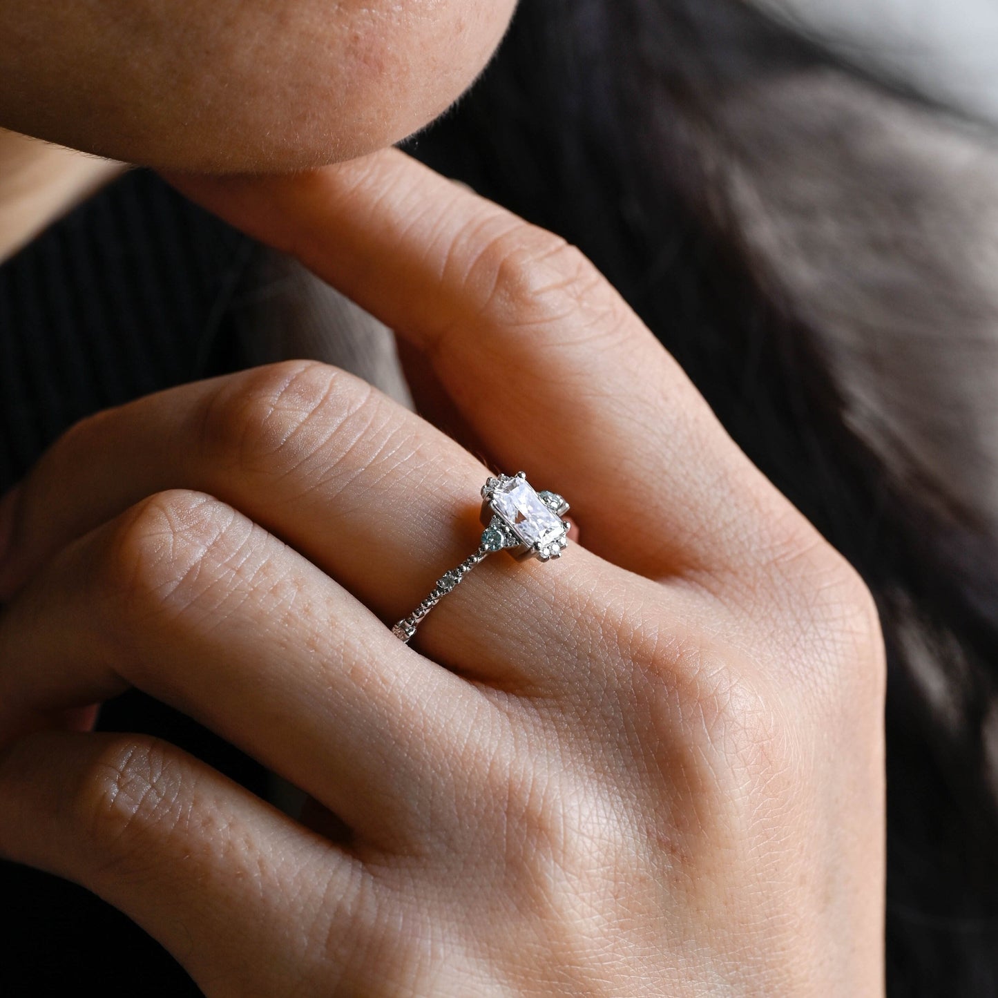 SquareJewelry radiant cut moissanite engagement ring Solid Gold Dainty Beeded Radiant Cut Moissanite Engagement Ring With Blue Side Gems