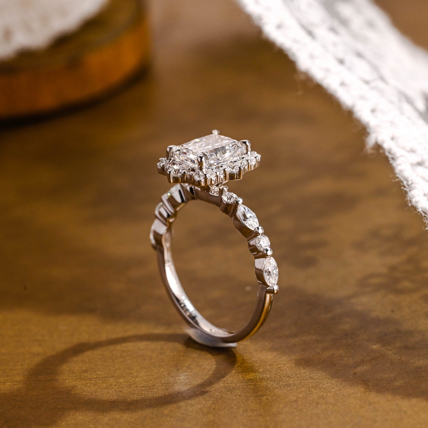SquareJewelry radiant cut moissanite engagement ring Solid Gold Halo Ice Crushed Radiant Moissanite Engagement Ring