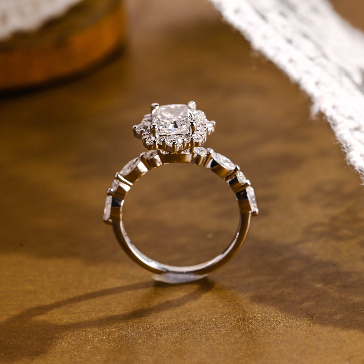 SquareJewelry radiant cut moissanite engagement ring Solid Gold Halo Ice Crushed Radiant Moissanite Engagement Ring