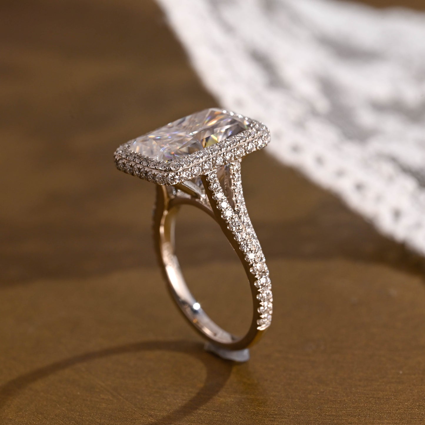 SquareJewelry radiant cut moissanite engagement ring Solid Gold Halo Pave Split Shank Radiant Moissanite Engagement Ring