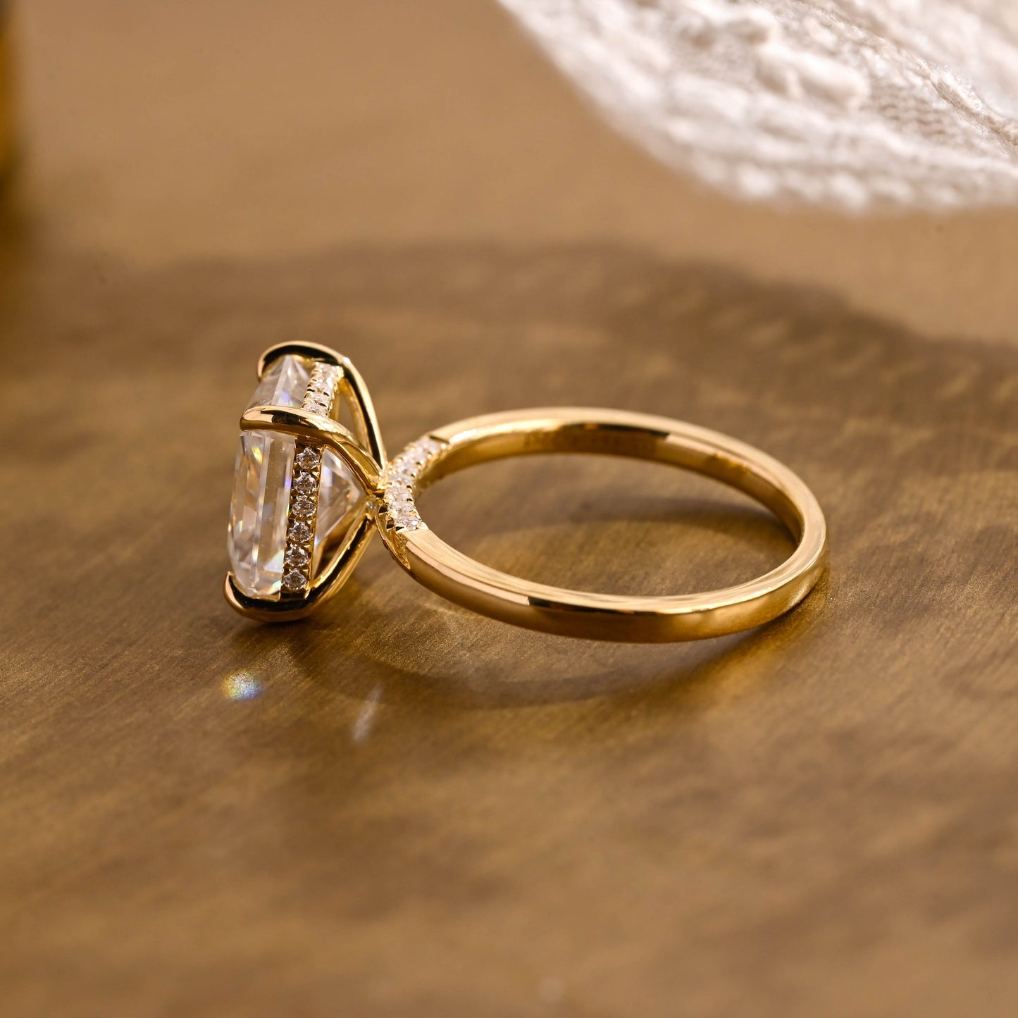 SquareJewelry radiant cut moissanite engagement ring Solid Gold Pavé Bridge Hidden Halo Radiant Cut Moissanite Engagement Ring