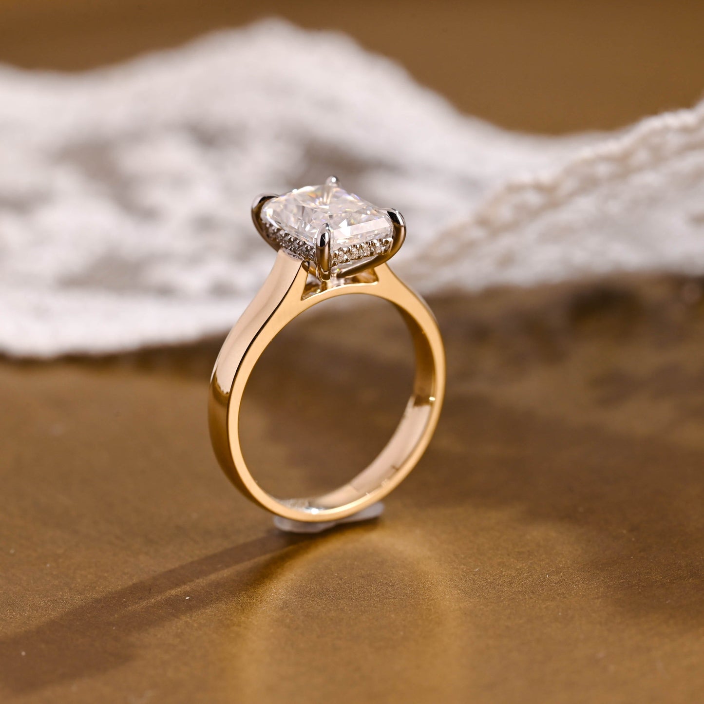 SquareJewelry radiant cut moissanite engagement ring Two Tone Cathedral Hidden Halo Radiant Cut Moissanite Engagement Ring