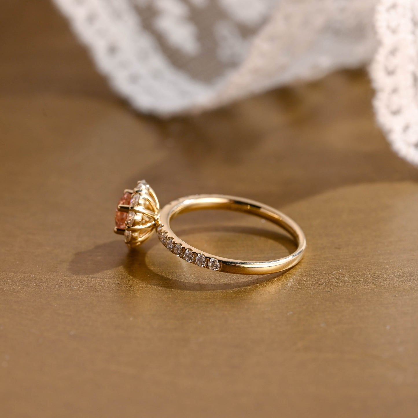 SquareJewelry round cut lab grown sapphire engagement ring Solid Gold Floral Halo Lab Grown Pink Sapphire Engagement Ring