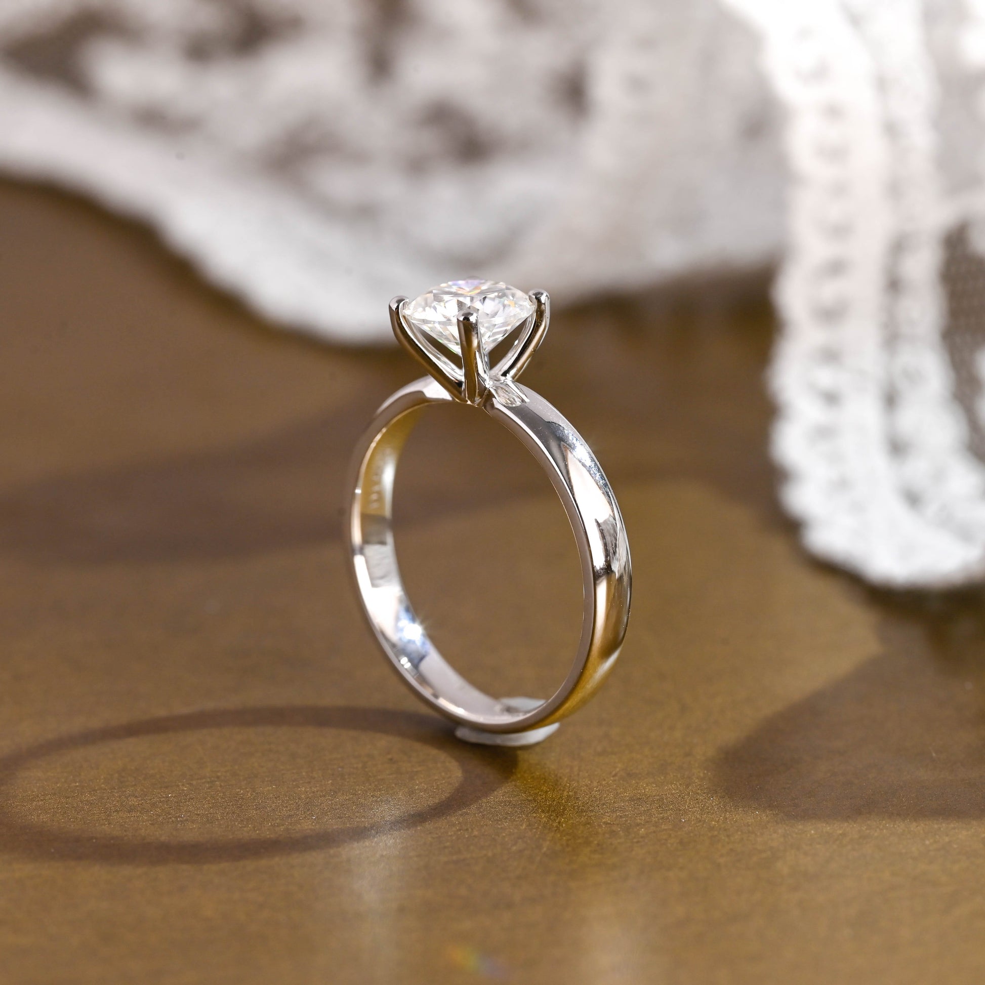 SquareJewelry round cut moissanite engagement ring Solid Gold 3.5mm Thick Solitaire Round Cut Moissanite Engagement Ring