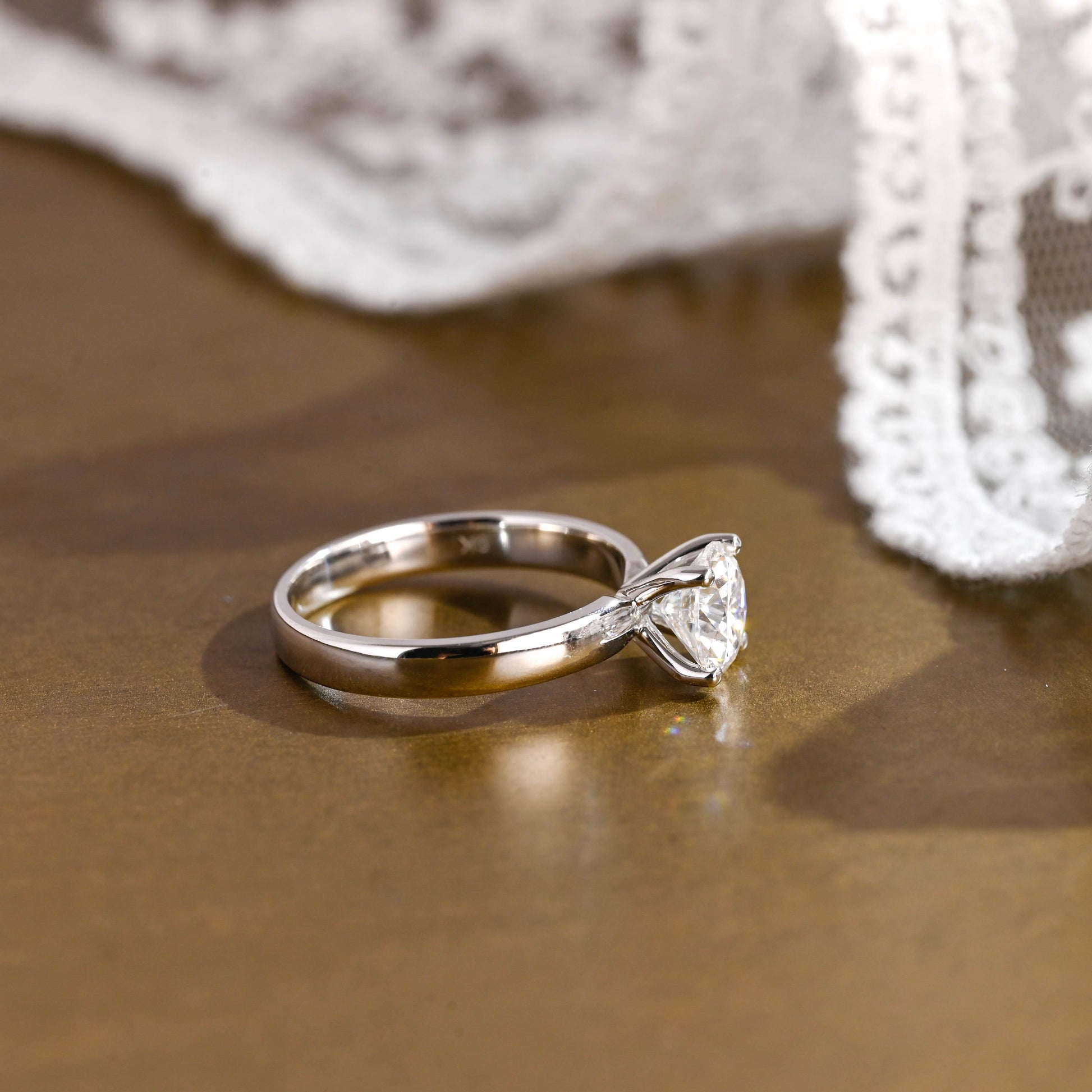 SquareJewelry round cut moissanite engagement ring Solid Gold 3.5mm Thick Solitaire Round Cut Moissanite Engagement Ring