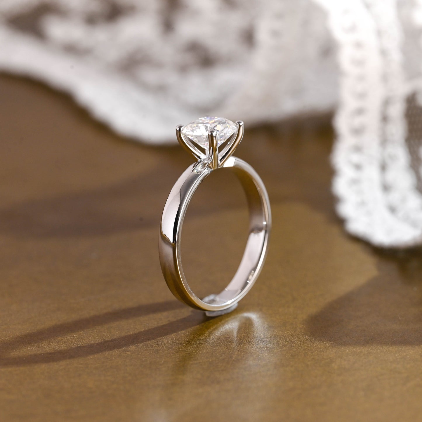 SquareJewelry round cut moissanite engagement ring Solid Gold 3.5mm Thick Solitaire Round Cut Moissanite Engagement Ring