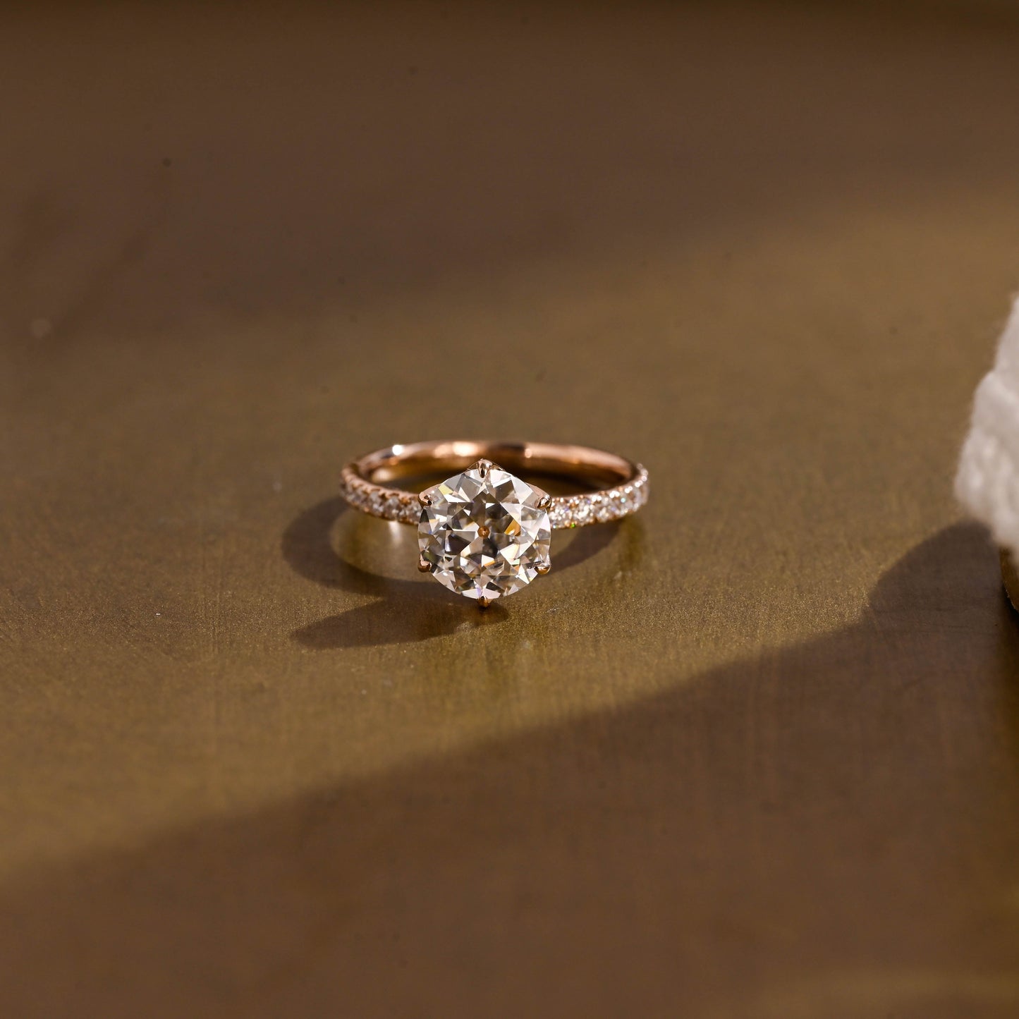 SquareJewelry round cut moissanite engagement ring Solid Gold Pave Tulip Round Rose Cut Moissanite Engagement Ring