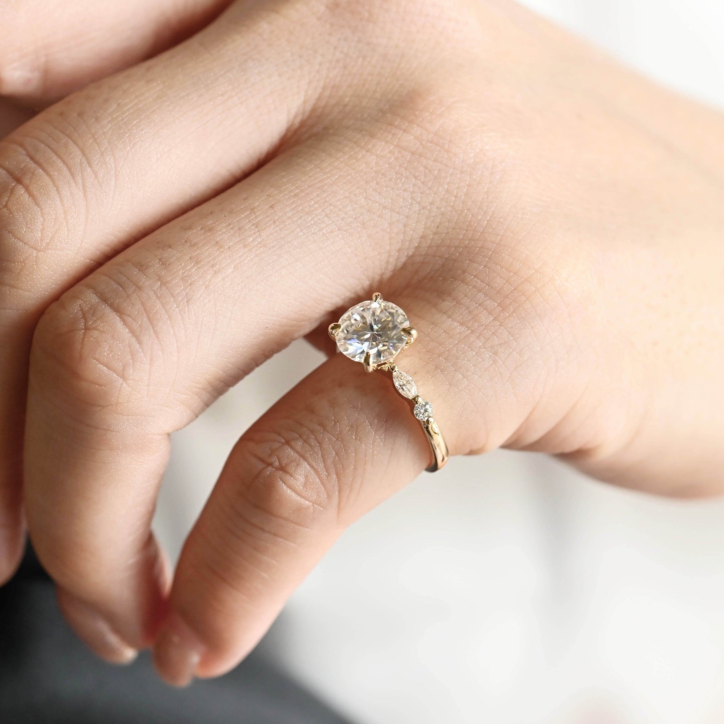 SquareJewelry round cut moissanite engagement ring Solid Gold Round Cut Moissanite Engagement Ring with Accent Marquise