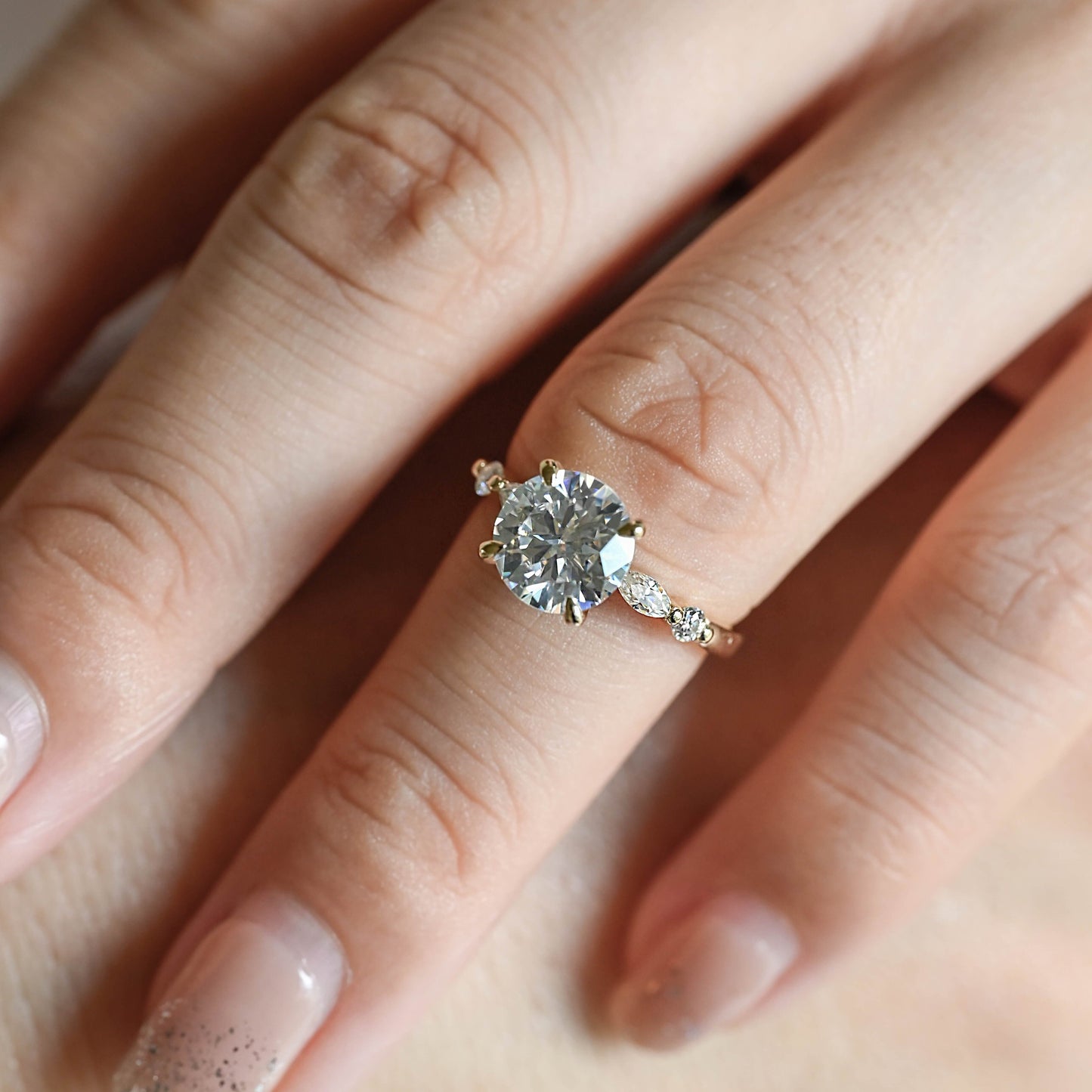 SquareJewelry round cut moissanite engagement ring Solid Gold Round Cut Moissanite Engagement Ring with Accent Marquise