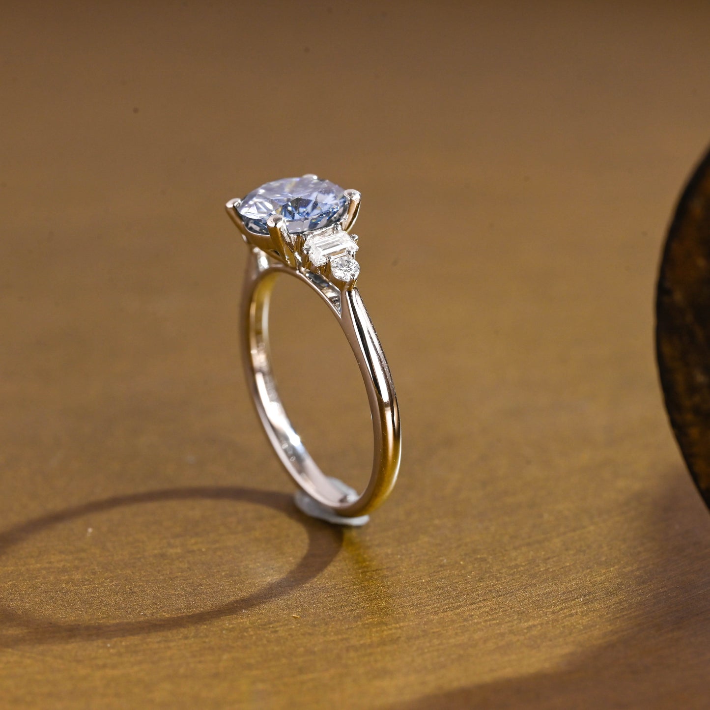 SquareJewelry round cut moissanite engagement ring Solid Gold Three Stone Blue Round Cut Moissanite Engagement Ring