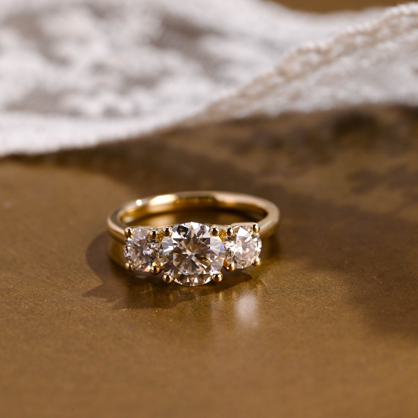 SquareJewelry round cut moissanite engagement ring Three Stone Round Cut Moissanite Engagement Ring