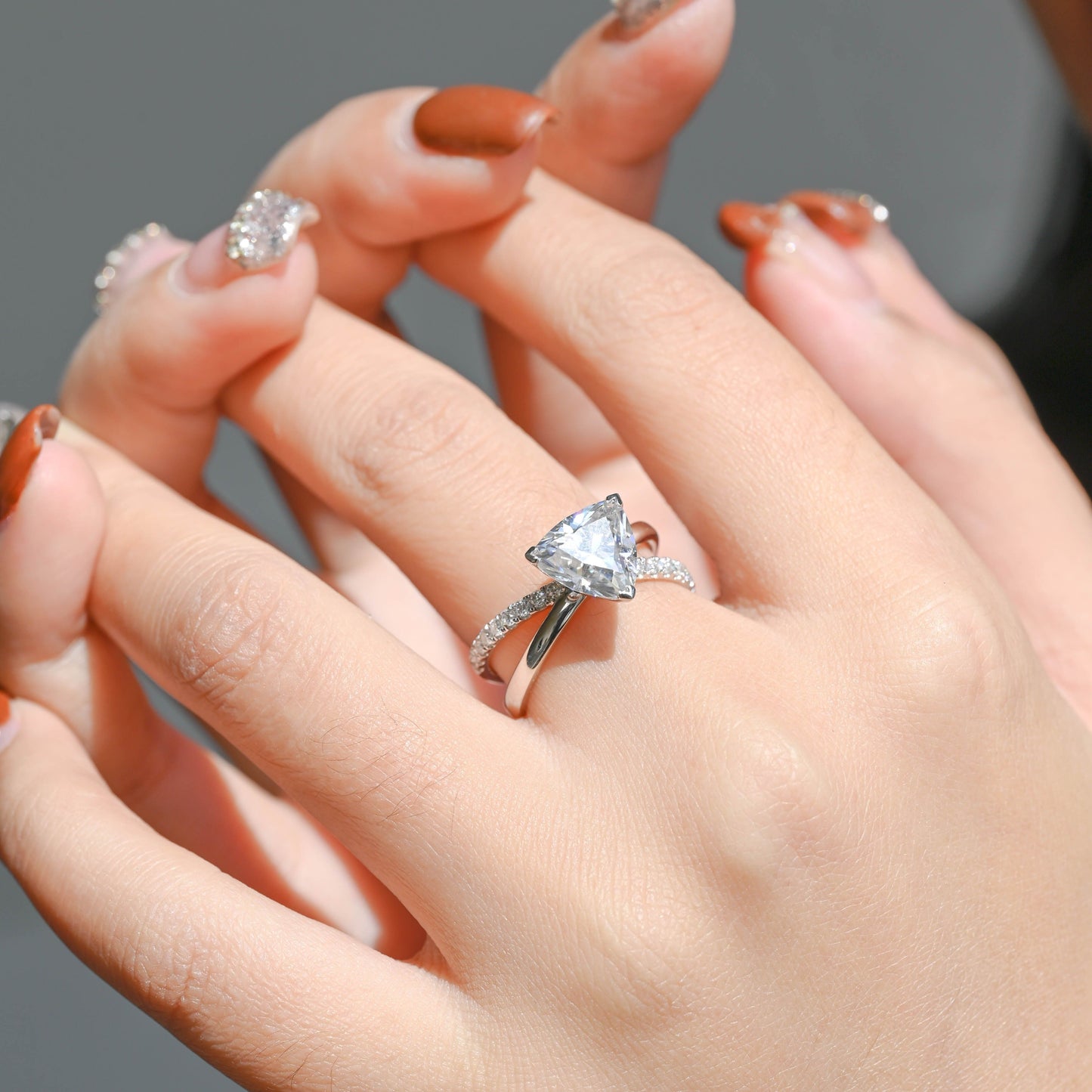 SquareJewelry trillion cut moissanite engagement ring Solid Gold Split Shank Trillion Cut Moissanite Engagement Ring