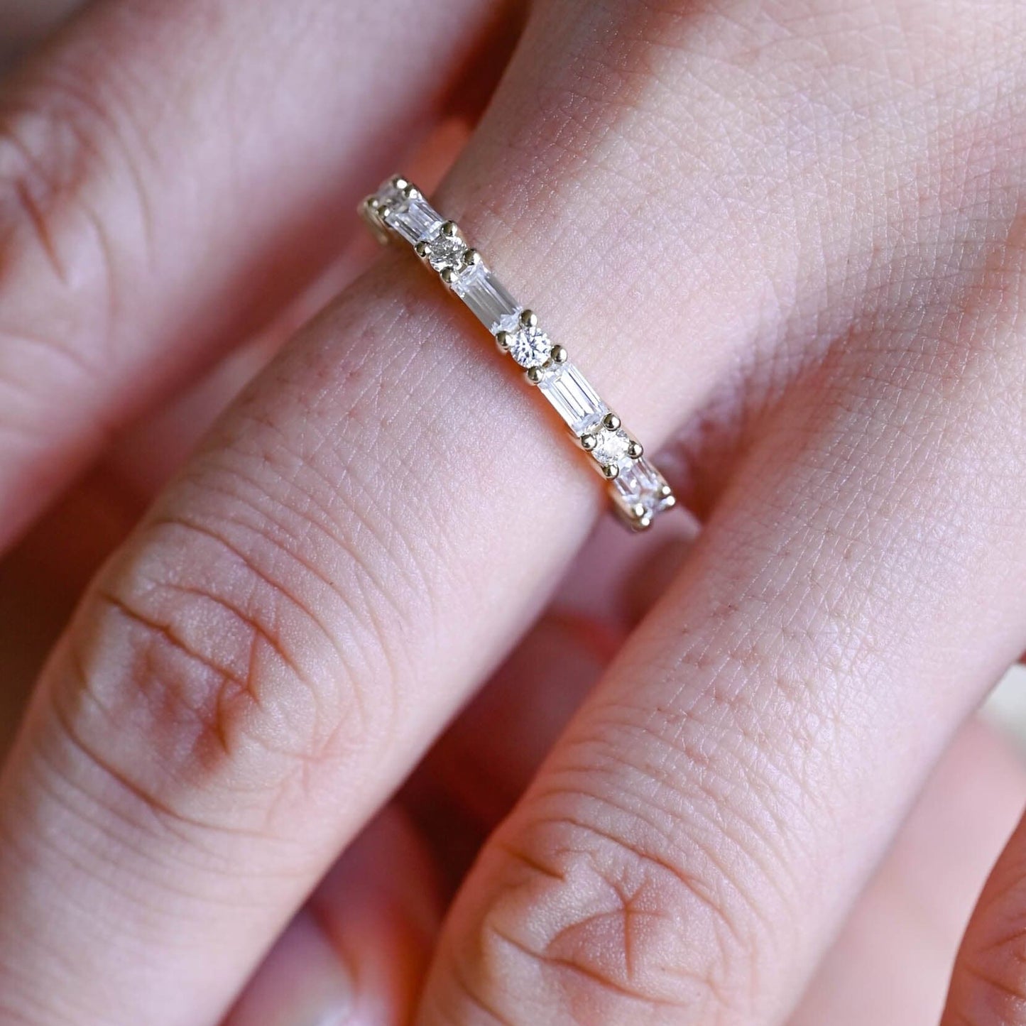 SquareJewelry women's wedding ring Solid Gold Baguette & Round Moissanite Wedding Band