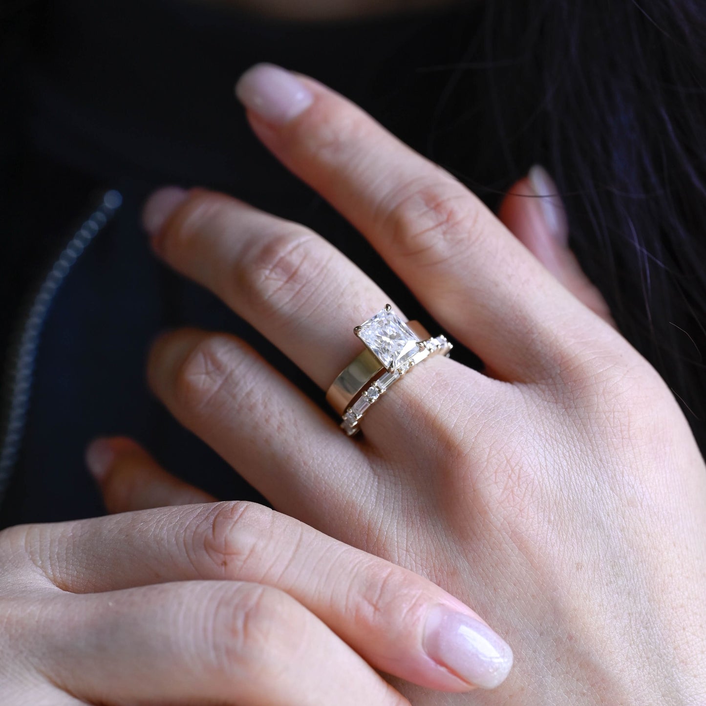 SquareJewelry women's wedding ring Solid Gold Baguette & Round Moissanite Wedding Band