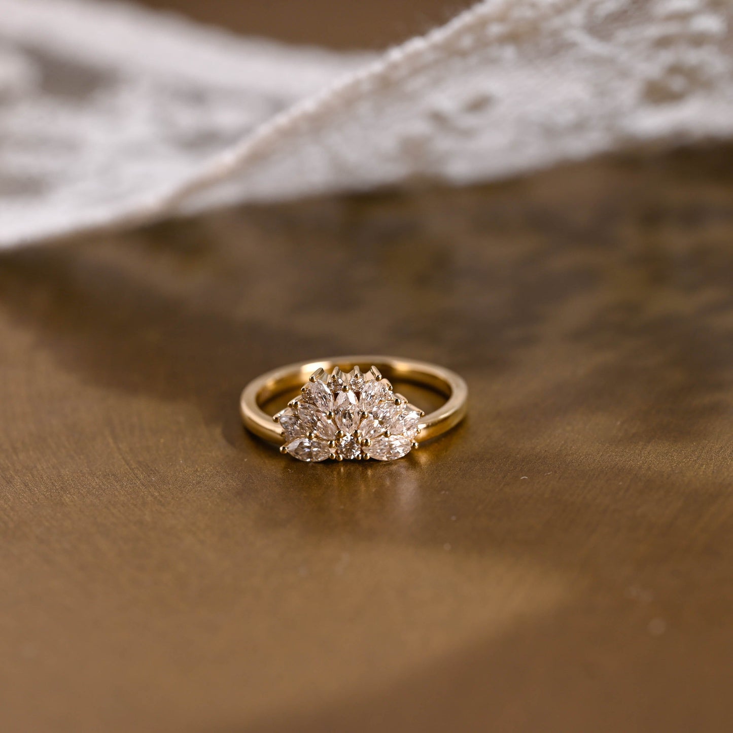 SquareJewelry women's wedding ring Solid Gold Cluster Maruiqse & Round Moissanite Wedding Band