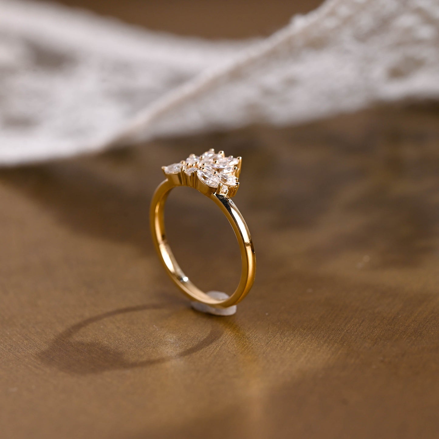 SquareJewelry women's wedding ring Solid Gold Cluster Maruiqse & Round Moissanite Wedding Band