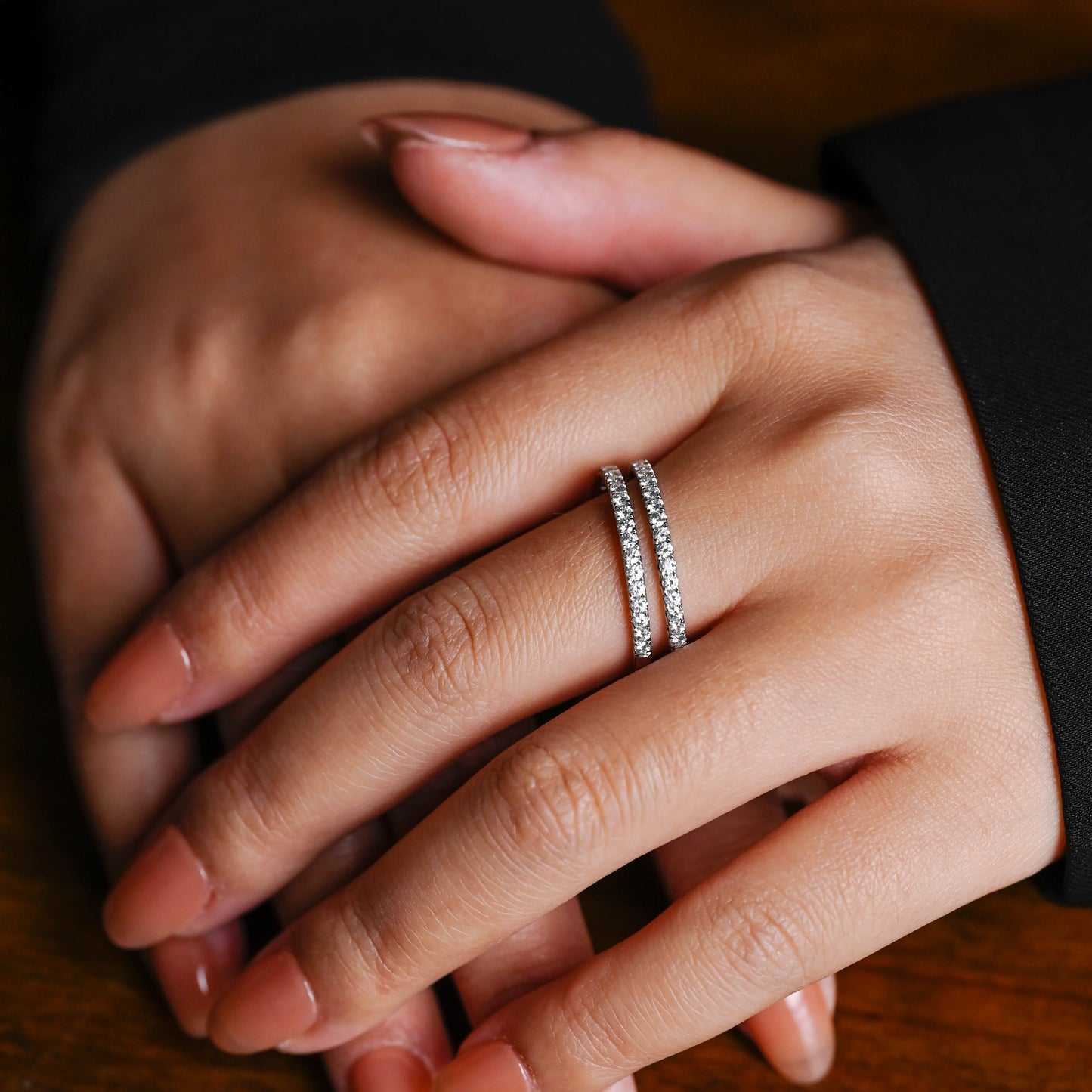 SquareJewelry women's wedding ring Solid Gold Double Enhancers Half Eternity Moissanite Wedding Band