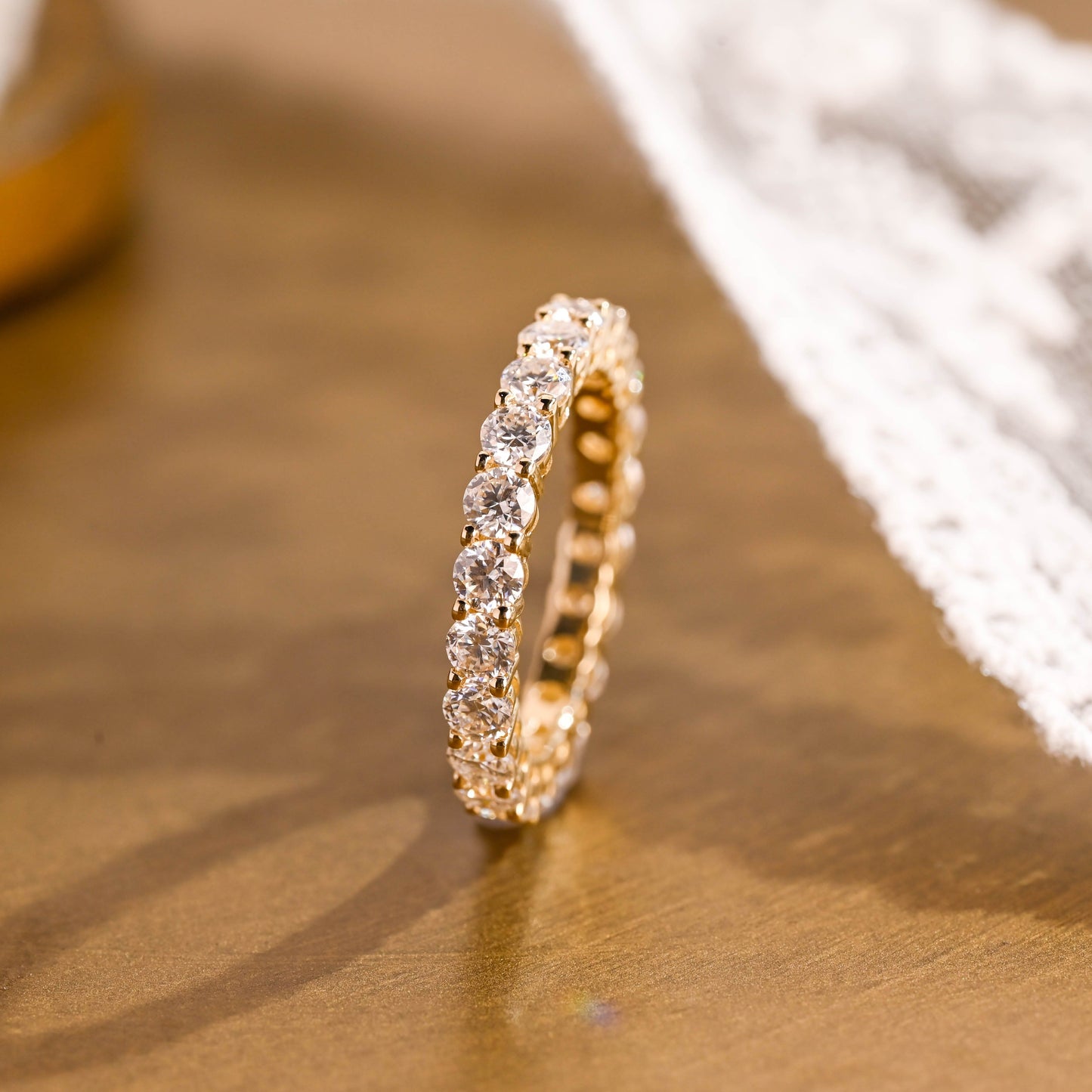 SquareJewelry women's wedding ring Solid Gold Full Eternity Round Moissanite Wedding Band