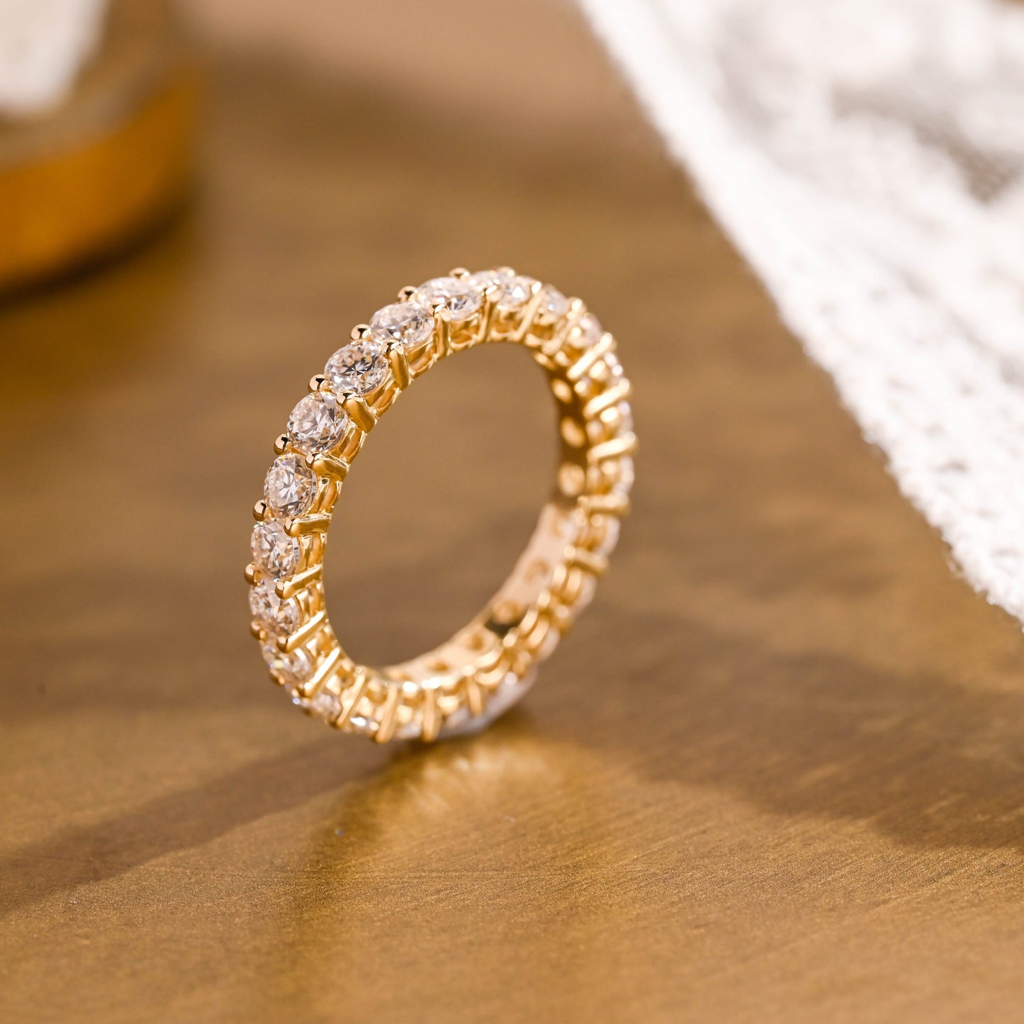 SquareJewelry women's wedding ring Solid Gold Full Eternity Round Moissanite Wedding Band