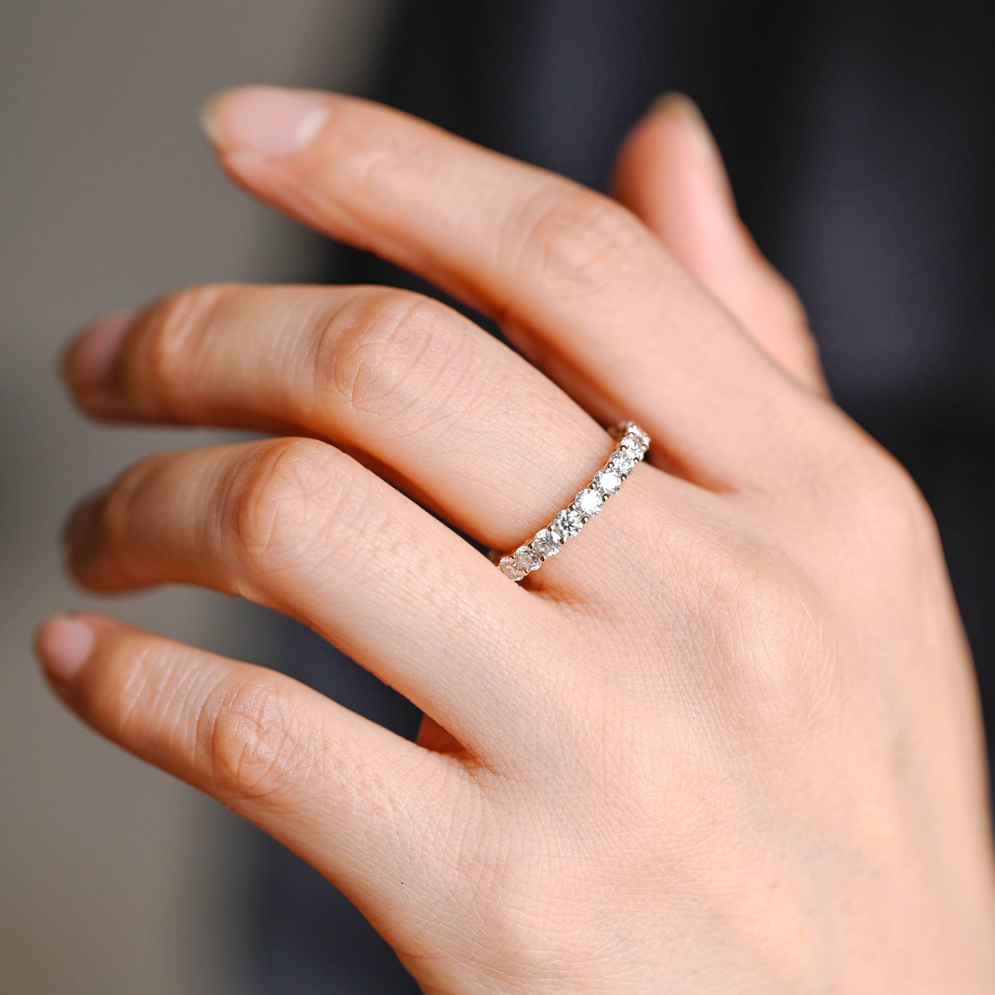 SquareJewelry women's wedding ring Solid Gold Full Eternity Round Moissanite Wedding Band